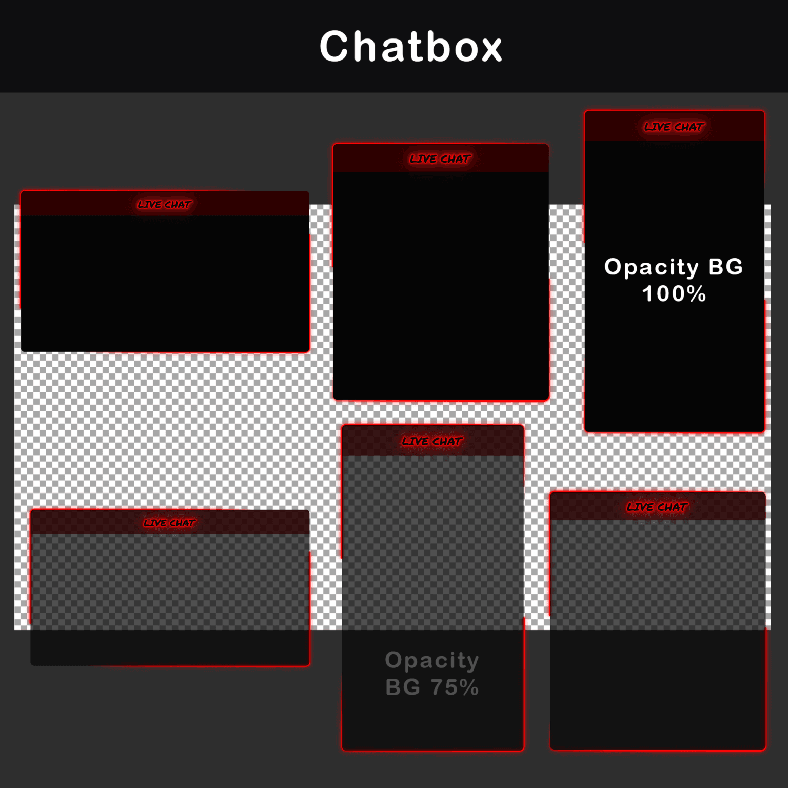 Animated Minimalist Glitch Stream Overlay Pack 7 Variety of chatbox overlays with varying opacity levels, maintaining the haunting theme with red accents. Offers customizable options for streamer interaction.