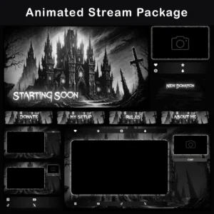 A complete animated stream package featuring a gothic, dark castle theme. Includes panels for Starting Soon, Donate, My Setup, Rules, and About Me. All panels are adorned with eerie castle and barren landscape artwork.