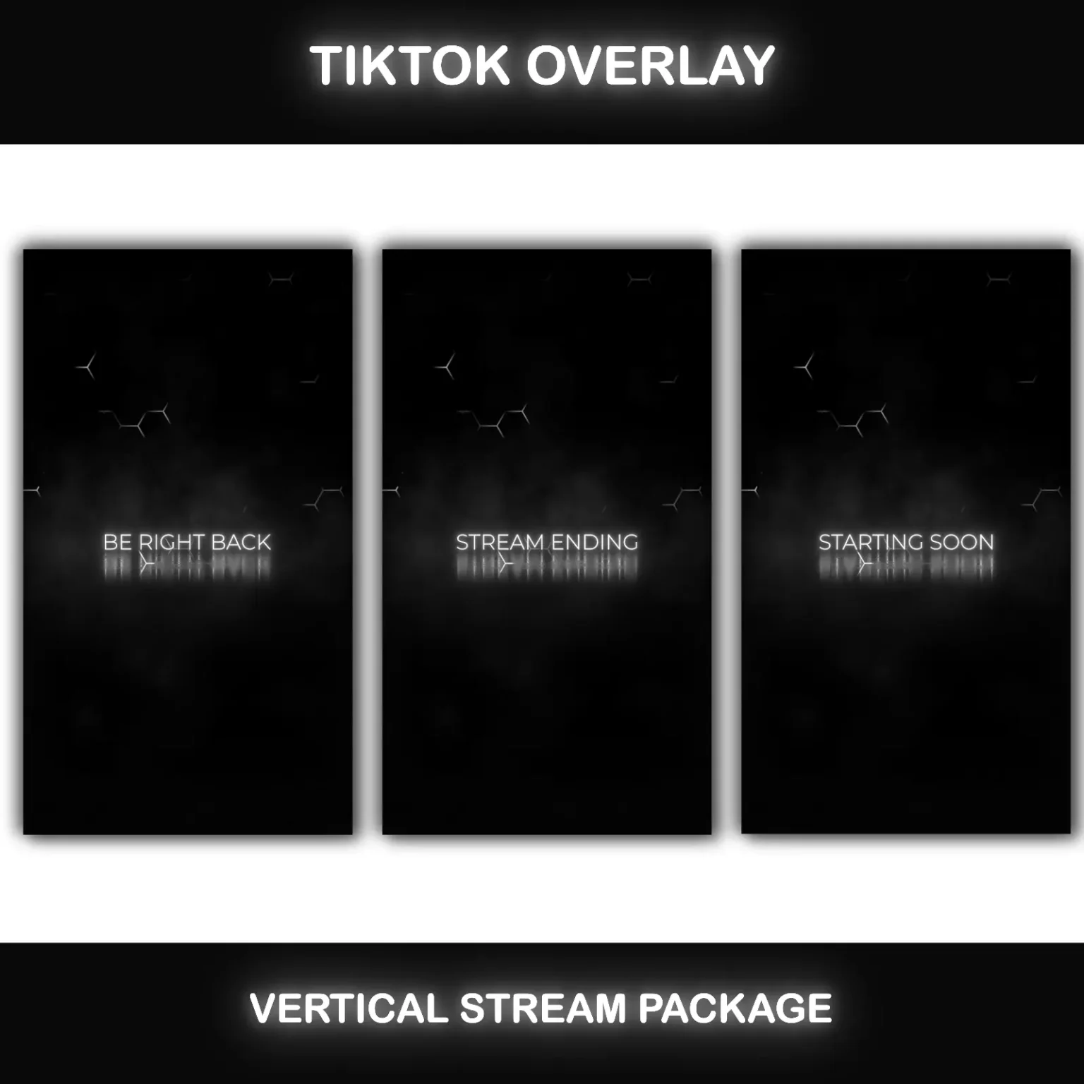 Black and White TikTok Overlay – Dark Vertical Streaming Pack 2 Black & White TikTok overlay screens for live streaming – Starting Soon, Be Right Back, and Stream Ending animations.