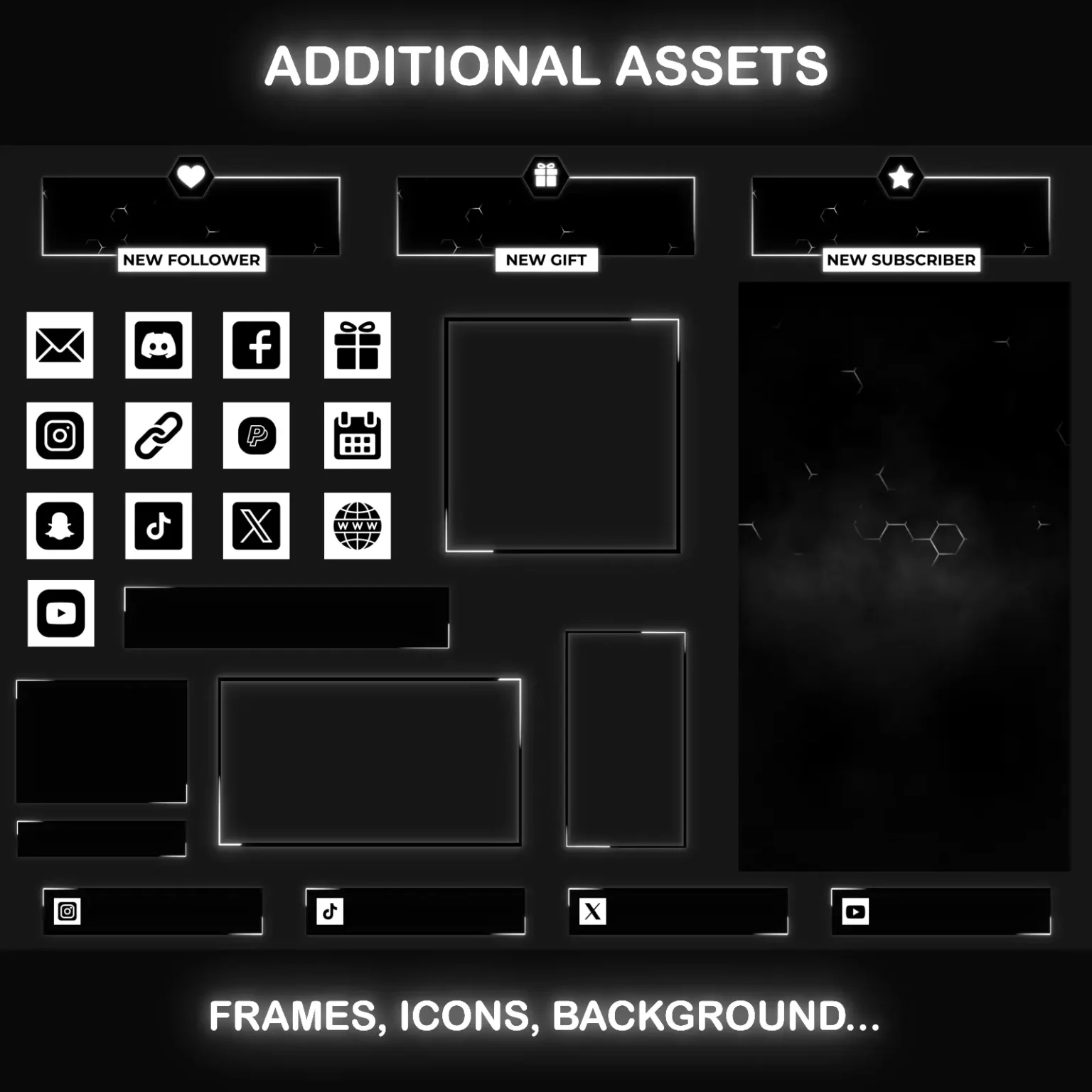 Black and White TikTok Overlay – Dark Vertical Streaming Pack 7 Additional assets for TikTok overlay package – includes icons, frames, and black background for customization.