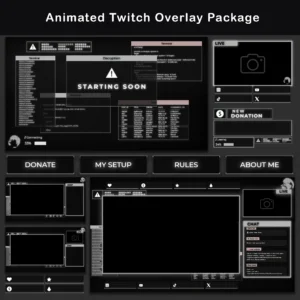 Reviews 1 Animated Twitch overlay package preview with a retro 80s CRT terminal style, dark interface layout, glowing silver frames, stream screens, alerts, panels, and chat elements.