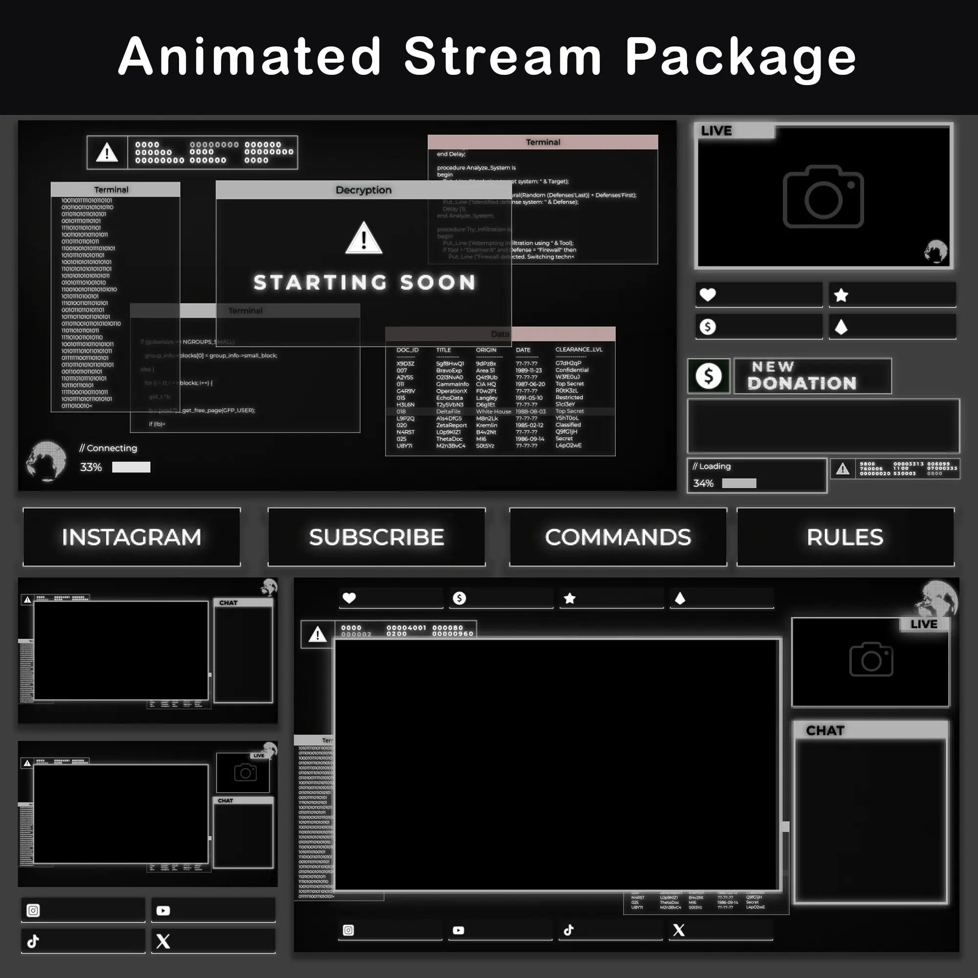 Dark Retro Twitch Overlay Package | Animated Minimalist Stream Pack 1 Retro 80s Style Animated Stream Overlay Package – CRT Twitch Pack for OBS & Streamlabs