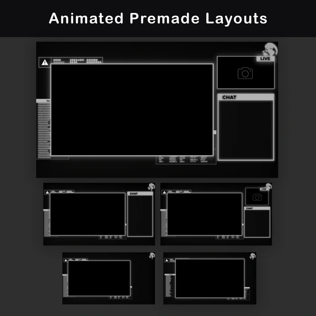 Animated premade stream layouts with retro 80s terminal decorations, dark gameplay space, glowing silver frames, webcam area, chat panel, and terminal data elements.