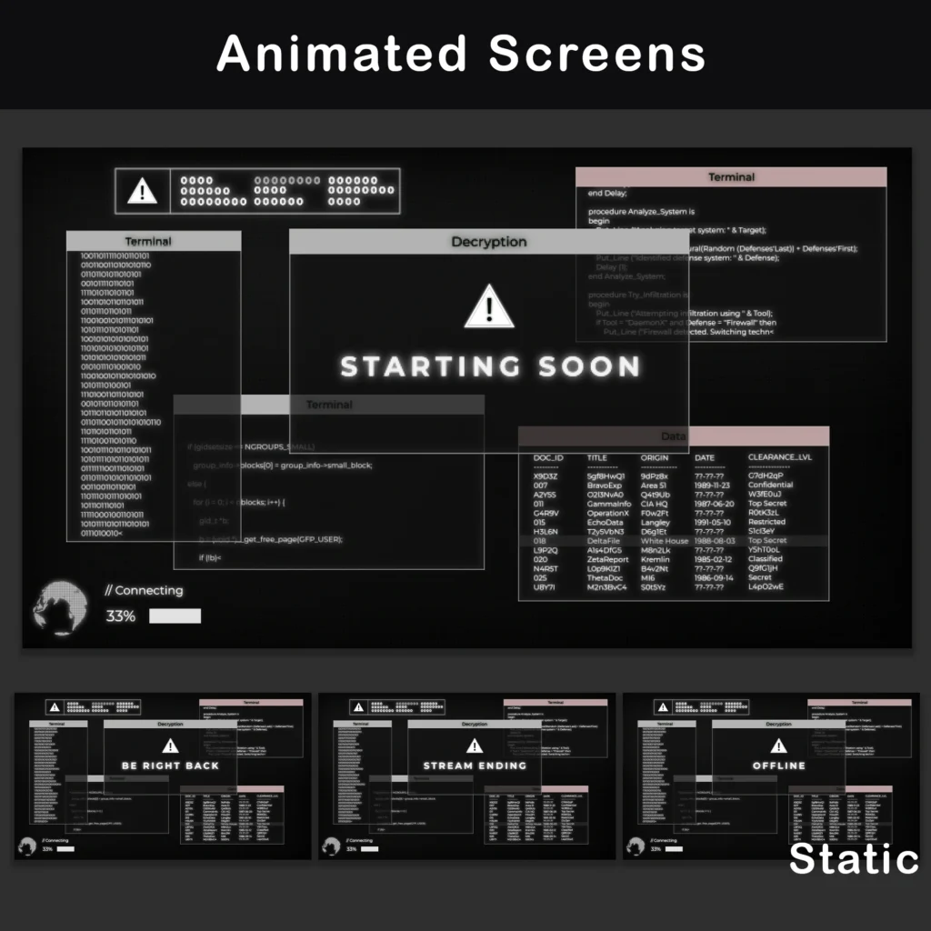 Animated stream screens with a retro 80s CRT terminal interface, showing Starting Soon, Be Right Back, Stream Ending, and Offline screen previews.