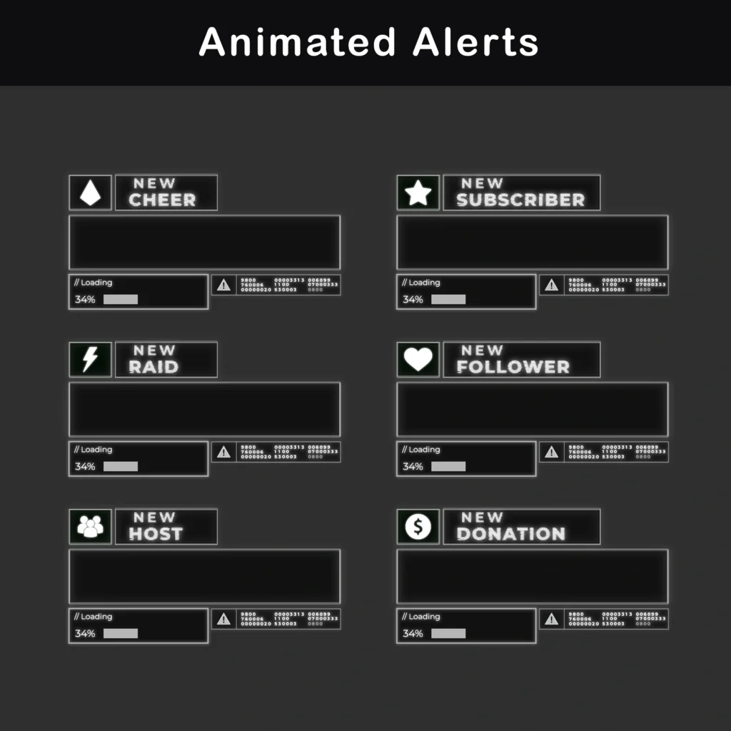 Animated Twitch alerts in a retro terminal style, with dark message boxes, glowing silver frames, event icons, loading bars, and hacker interface details.