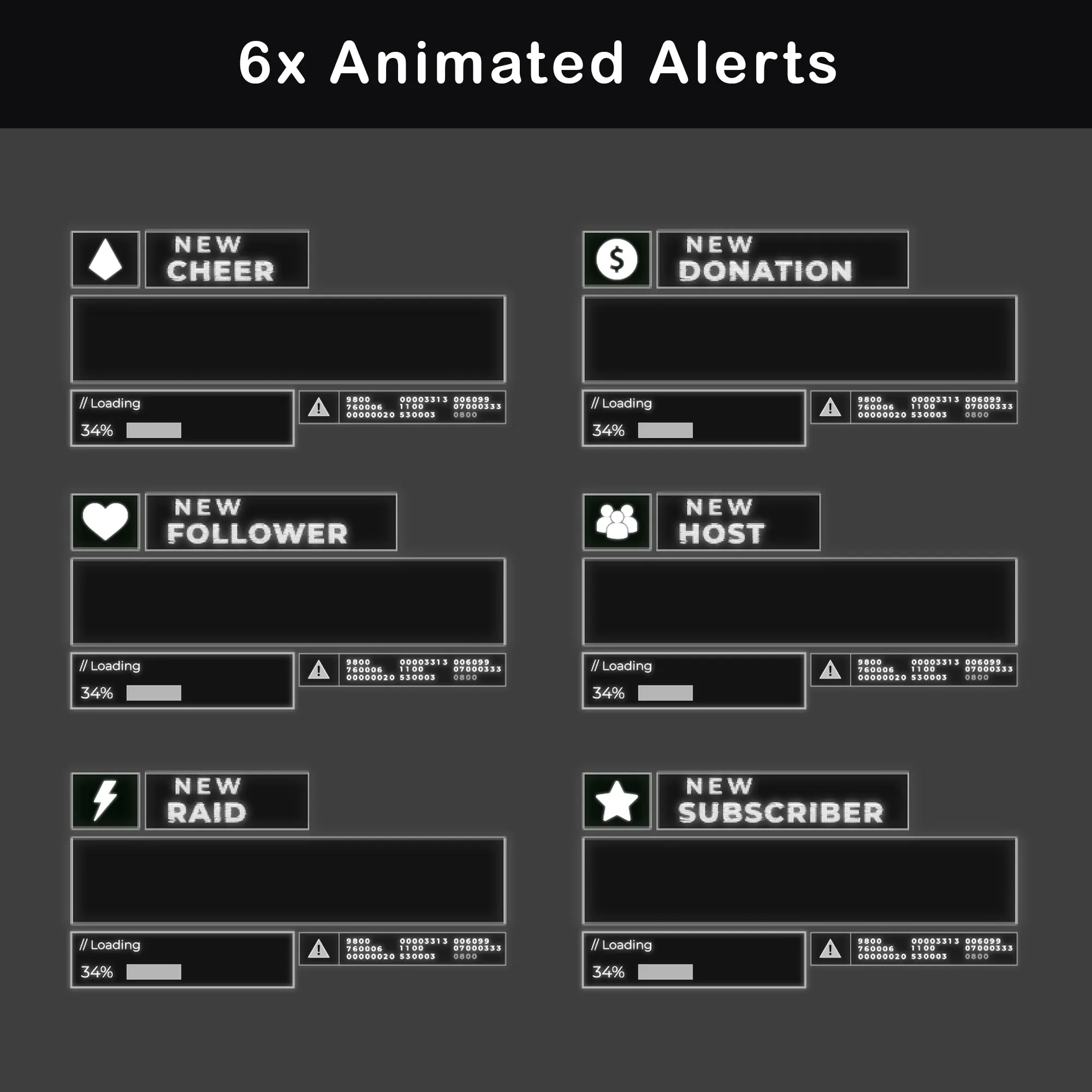 Dark Retro Twitch Overlay Package | Animated Minimalist Stream Pack 5 A set of six animated alerts for Twitch, including cheer, donation, follower, host, raid, and subscriber notifications with a sleek retro look.