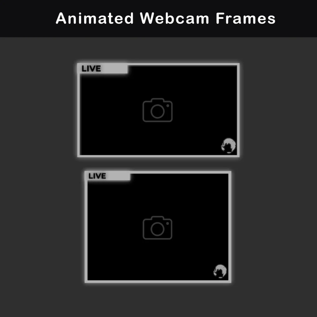 Animated webcam frames with dark graphite panels, glowing silver borders, LIVE labels, camera placeholders, and retro terminal styling.
