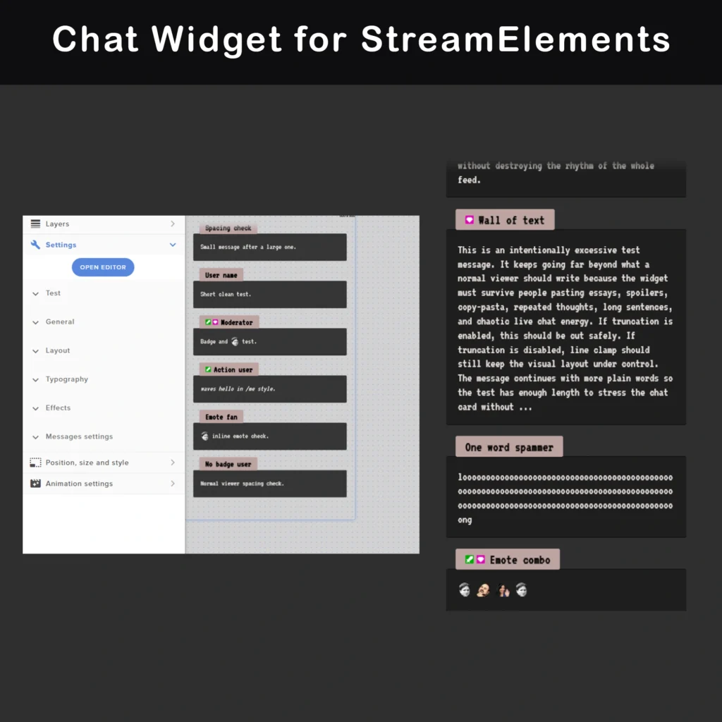 StreamElements chat widget preview with retro terminal styled chat messages, user badges, settings panel, username labels, and long-message display examples.