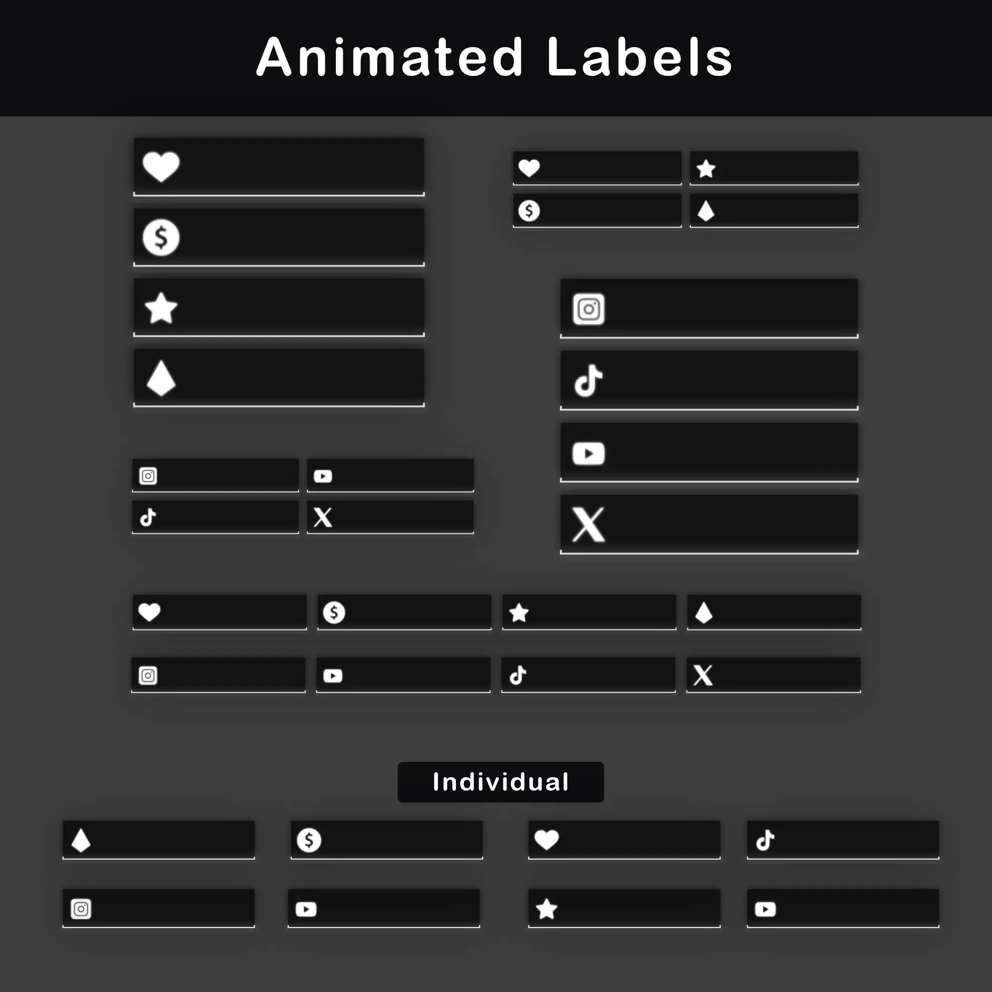 Dark Retro Twitch Overlay Package | Animated Minimalist Stream Pack 7 Animated labels for social media and stream events, featuring black and white design with icons for platforms like Instagram, YouTube, TikTok, and more.