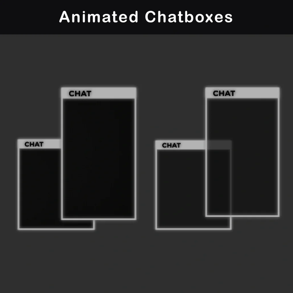 Animated stream labels and social media lower thirds with dark interface bars, glowing silver lines, and icons for stream activity and social links.
