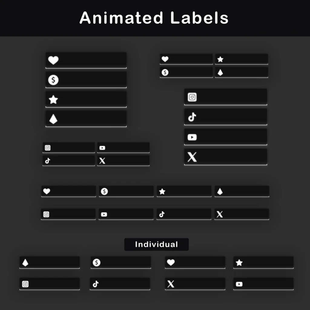 Animated stream labels and social media lower thirds with dark interface bars, glowing silver lines, and icons for stream activity and social links.