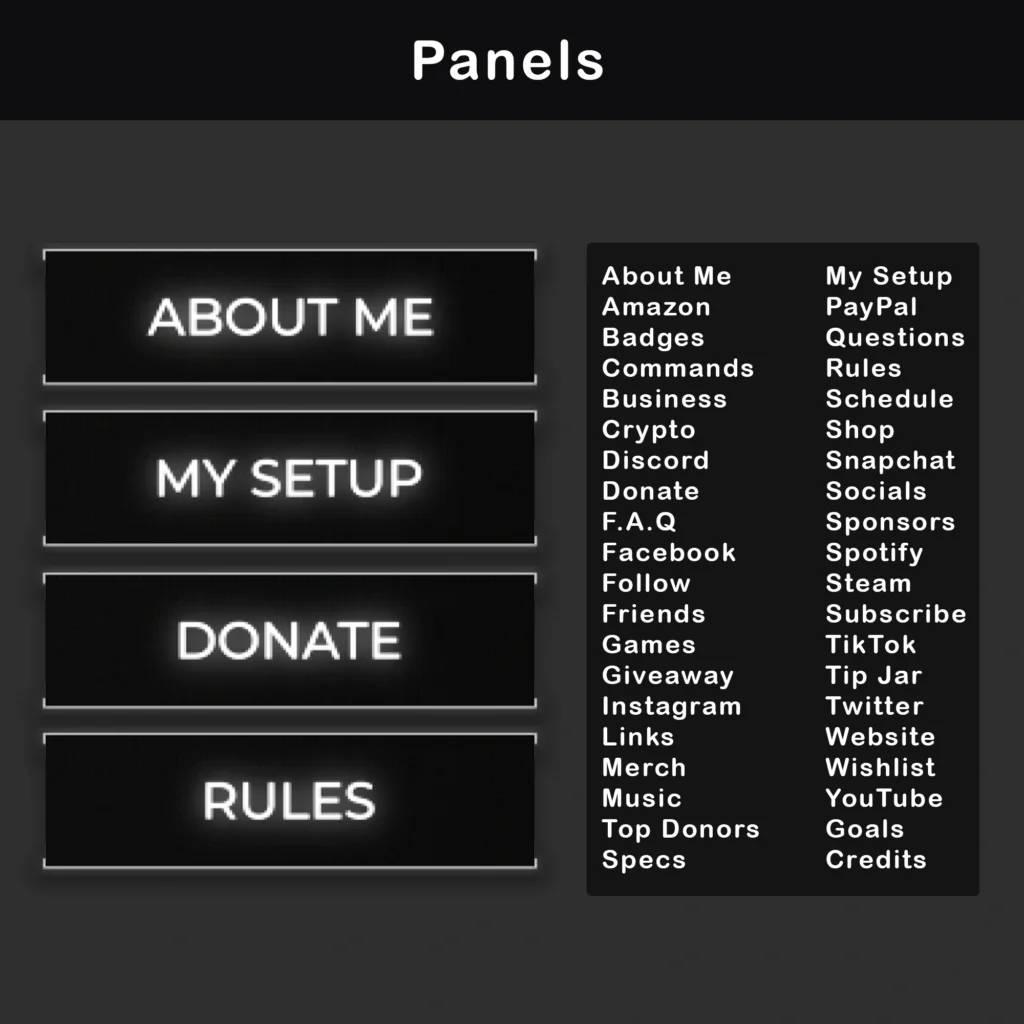 Twitch channel panels with a retro terminal look, dark backgrounds, glowing silver borders, and section labels such as About Me, My Setup, Donate, and Rules.