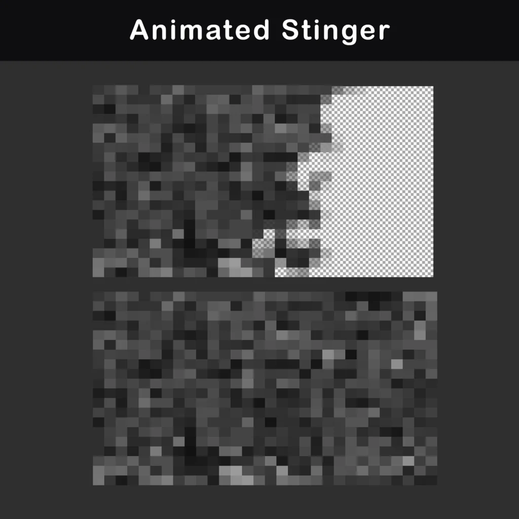 Animated stinger transition preview with blocky grayscale pixel motion and transparent space for retro terminal scene changes.