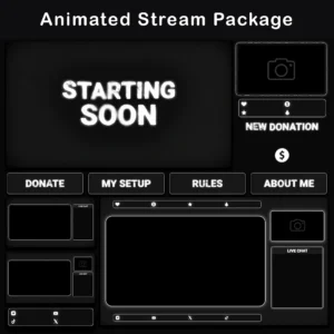 Twitch Overlay Pack - Animated 80s Retro Terminal CRT 20 A preview of an animated stream package featuring a "Starting Soon" screen, donation alerts, and customizable panels with a minimalist black and white grunge aesthetic.