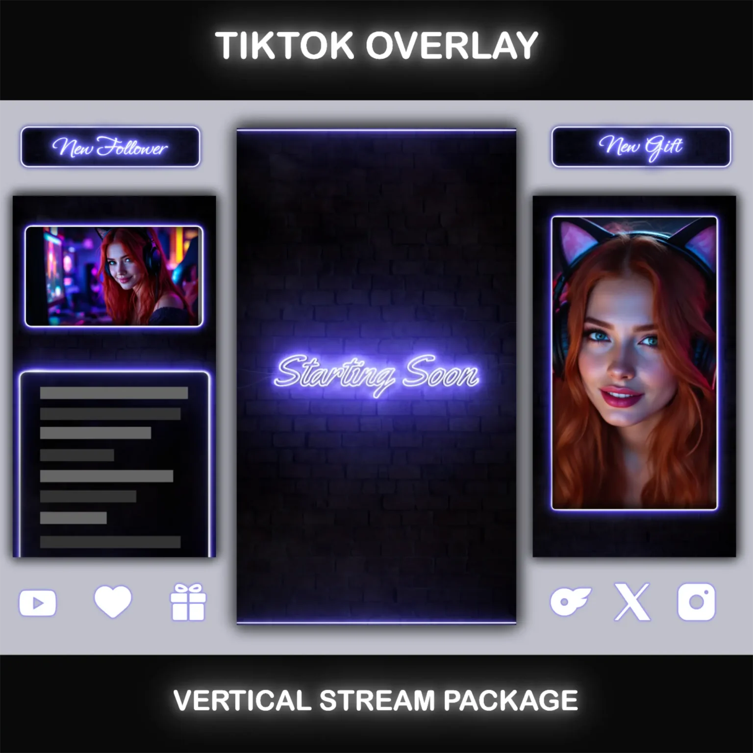 TikTok Live Overlay – Animated Neon Blue Vertical Stream Package 1 TikTok streaming overlay pack with neon blue accents, featuring animated screens, alerts, and customizable frames.