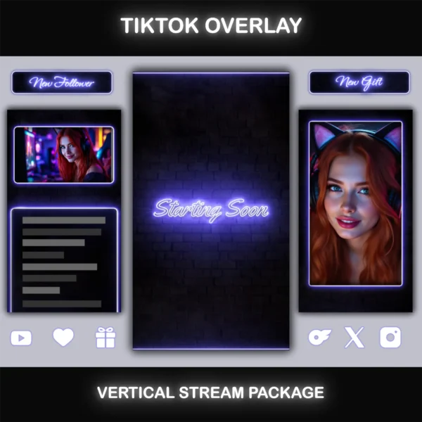 Reviews 6 TikTok streaming overlay pack with neon blue accents, featuring animated screens, alerts, and customizable frames.