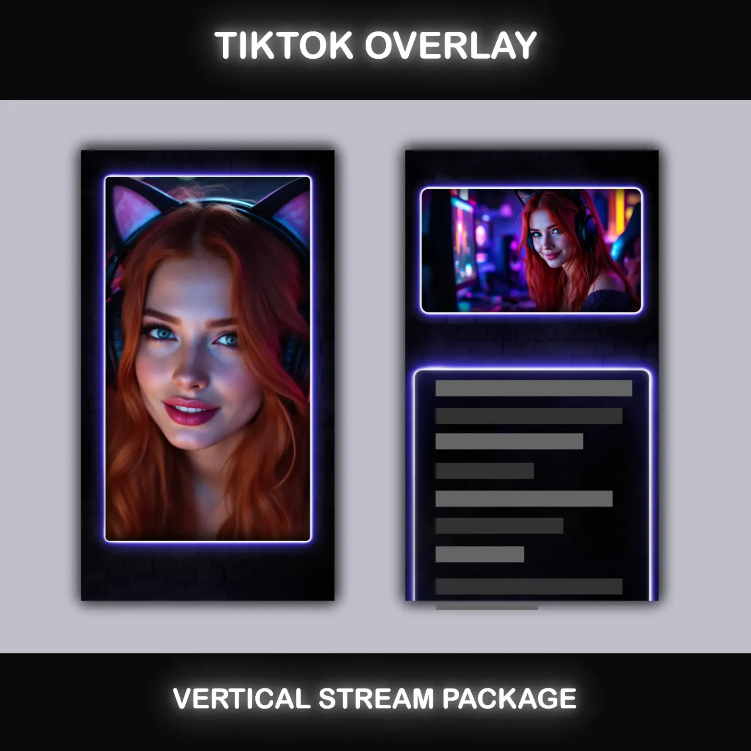 TikTok Live Overlay – Animated Neon Blue Vertical Stream Package 3 TikTok vertical stream overlay with neon blue frames for webcam, chat, and alerts, perfect for engaging live broadcasts.