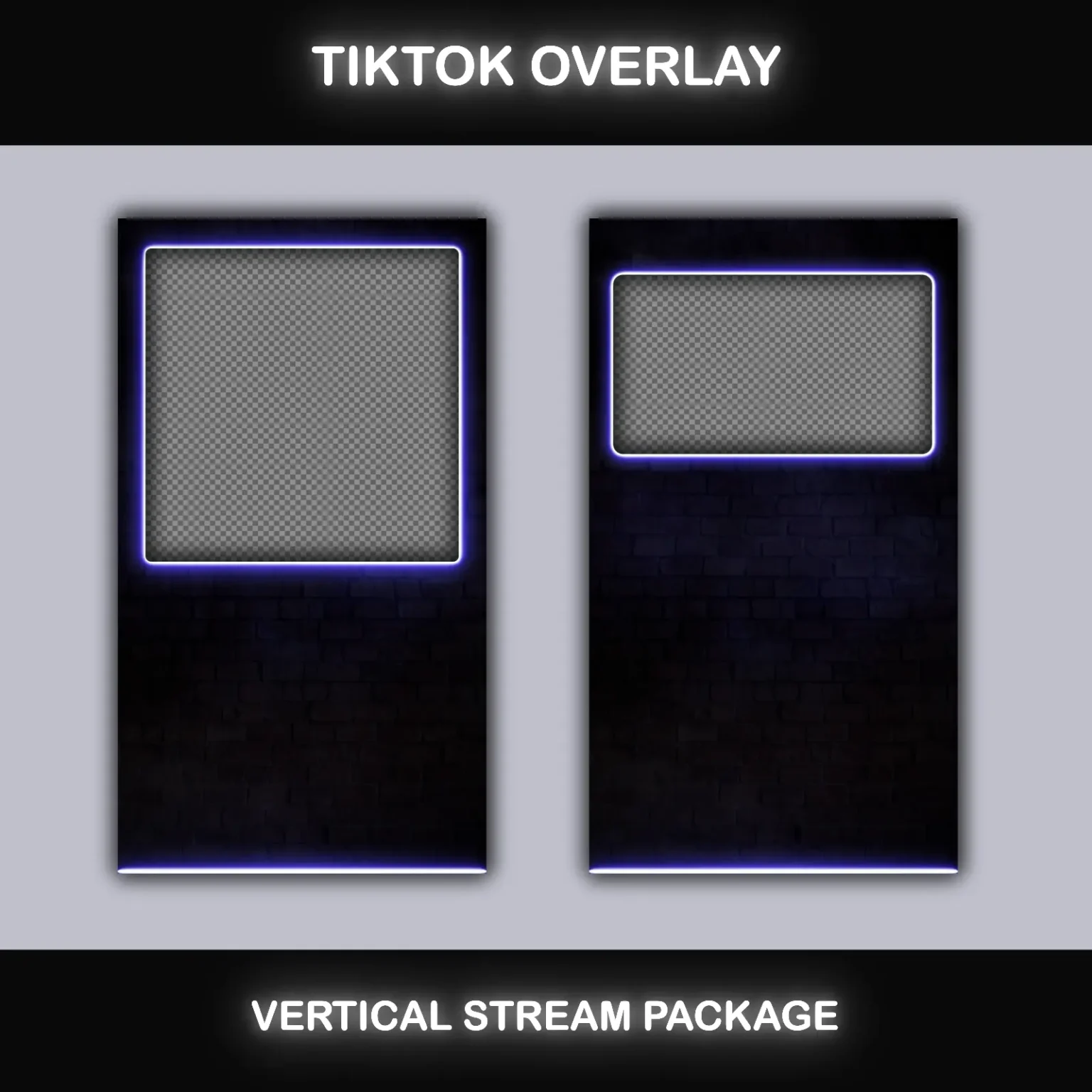 TikTok Live Overlay – Animated Neon Blue Vertical Stream Package 5 Minimalist TikTok stream overlay with neon blue effects, optimized for webcam and content placement in live broadcasts.