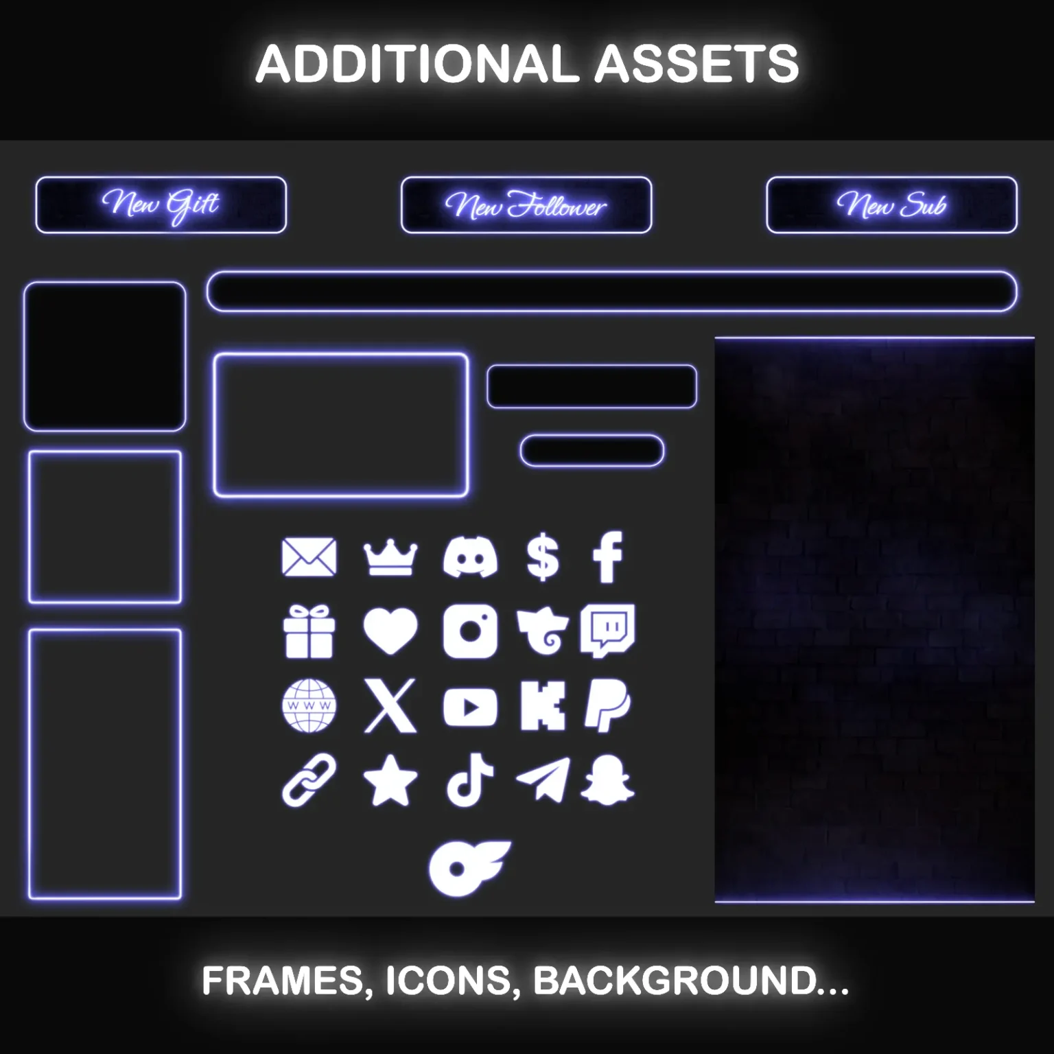 TikTok Live Overlay – Animated Neon Blue Vertical Stream Package 9 Additional TikTok streaming assets including frames, icons, and backgrounds, enhancing customization for live broadcasts.