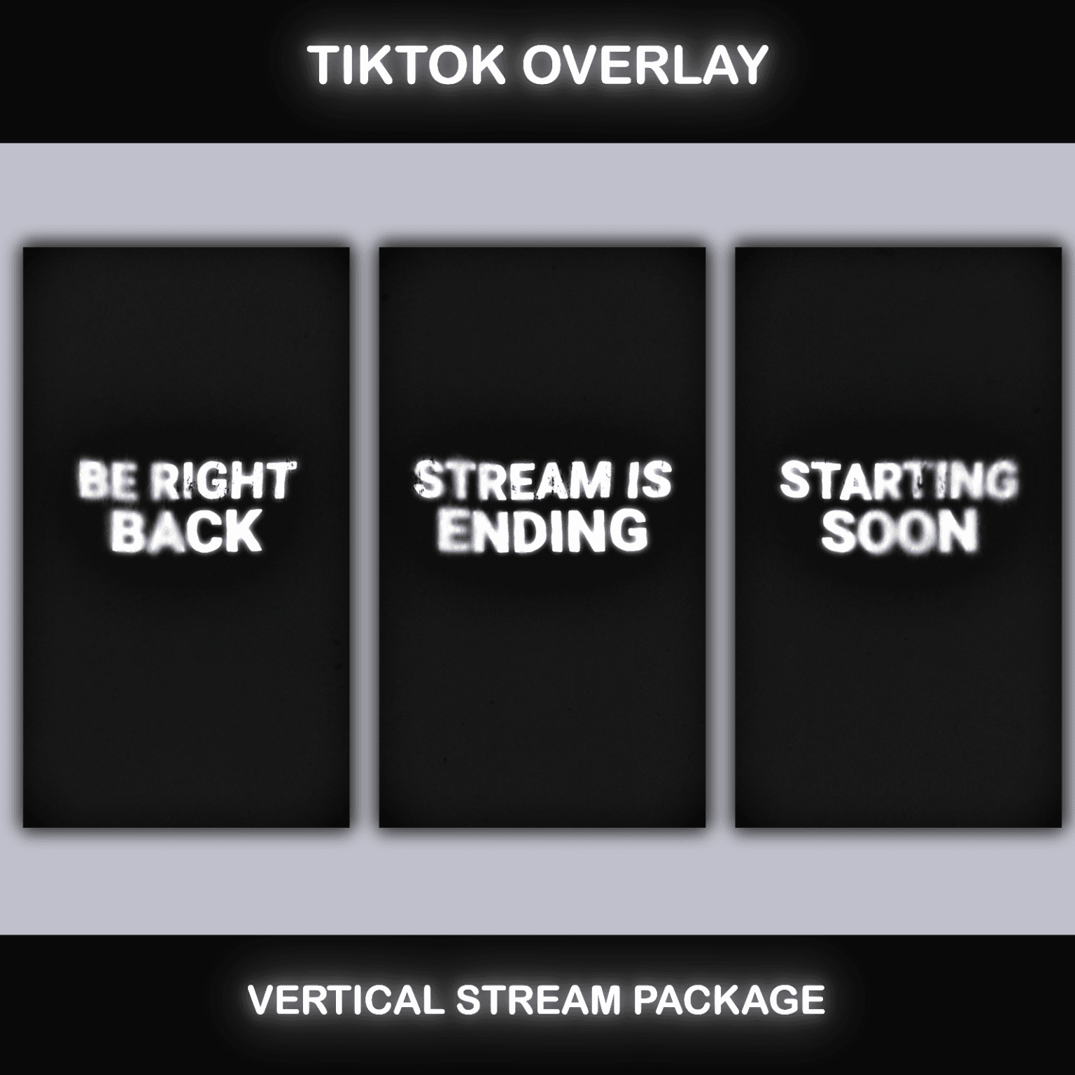 TikTok Live Overlay – Minimalist Grunge Black and White Pack 2 Three animated TikTok Live Overlay screens with a dark grunge theme: Be Right Back, Stream Ending, and Starting Soon.