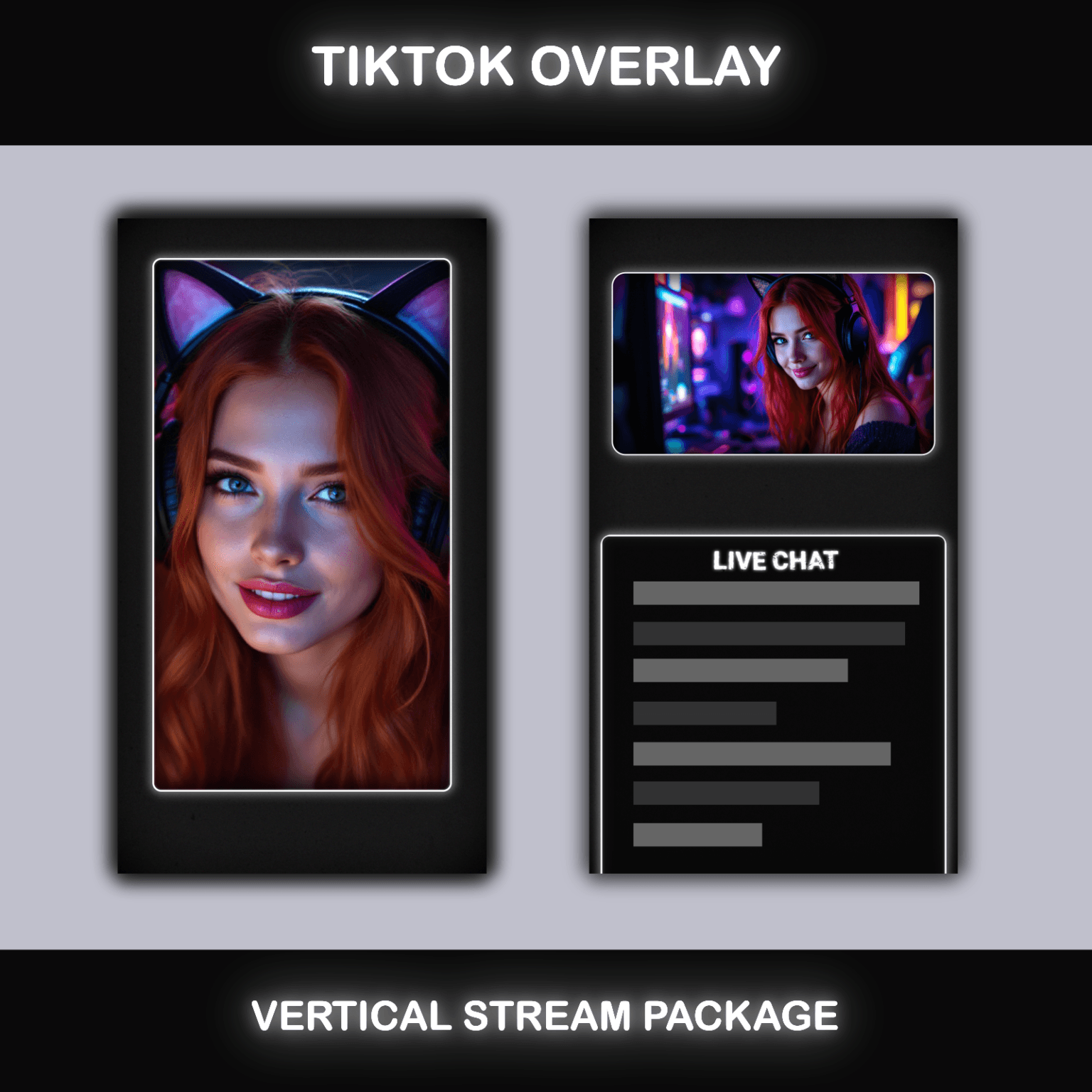 TikTok Live Overlay – Minimalist Grunge Black and White Pack 3 TikTok vertical stream overlay with a black and white grunge style, featuring blurred glowing text and a minimalist layout.