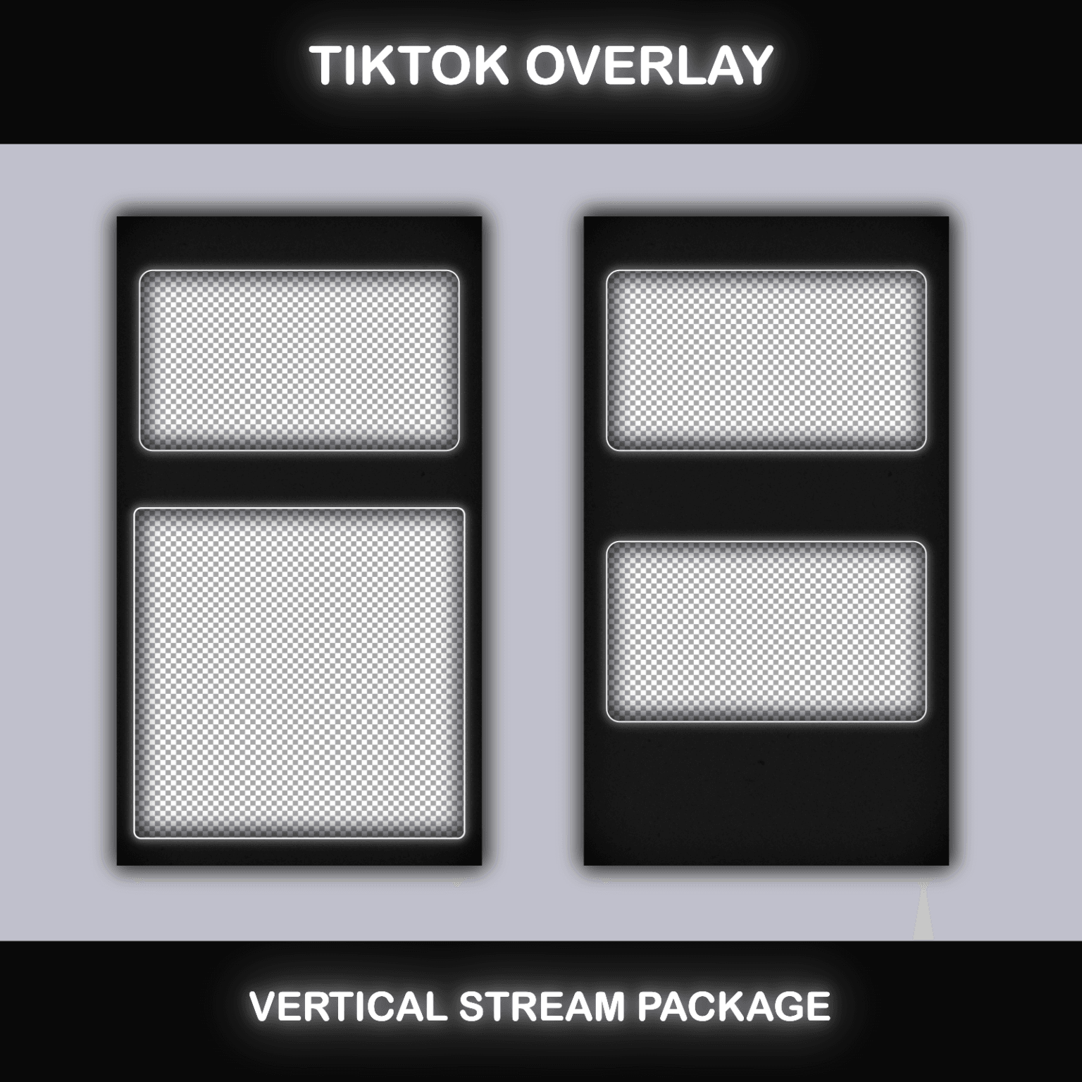 TikTok Live Overlay – Minimalist Grunge Black and White Pack 4 Customizable TikTok streaming overlay with dark minimalist frames, ideal for vertical live streams on TikTok Live Studio.
