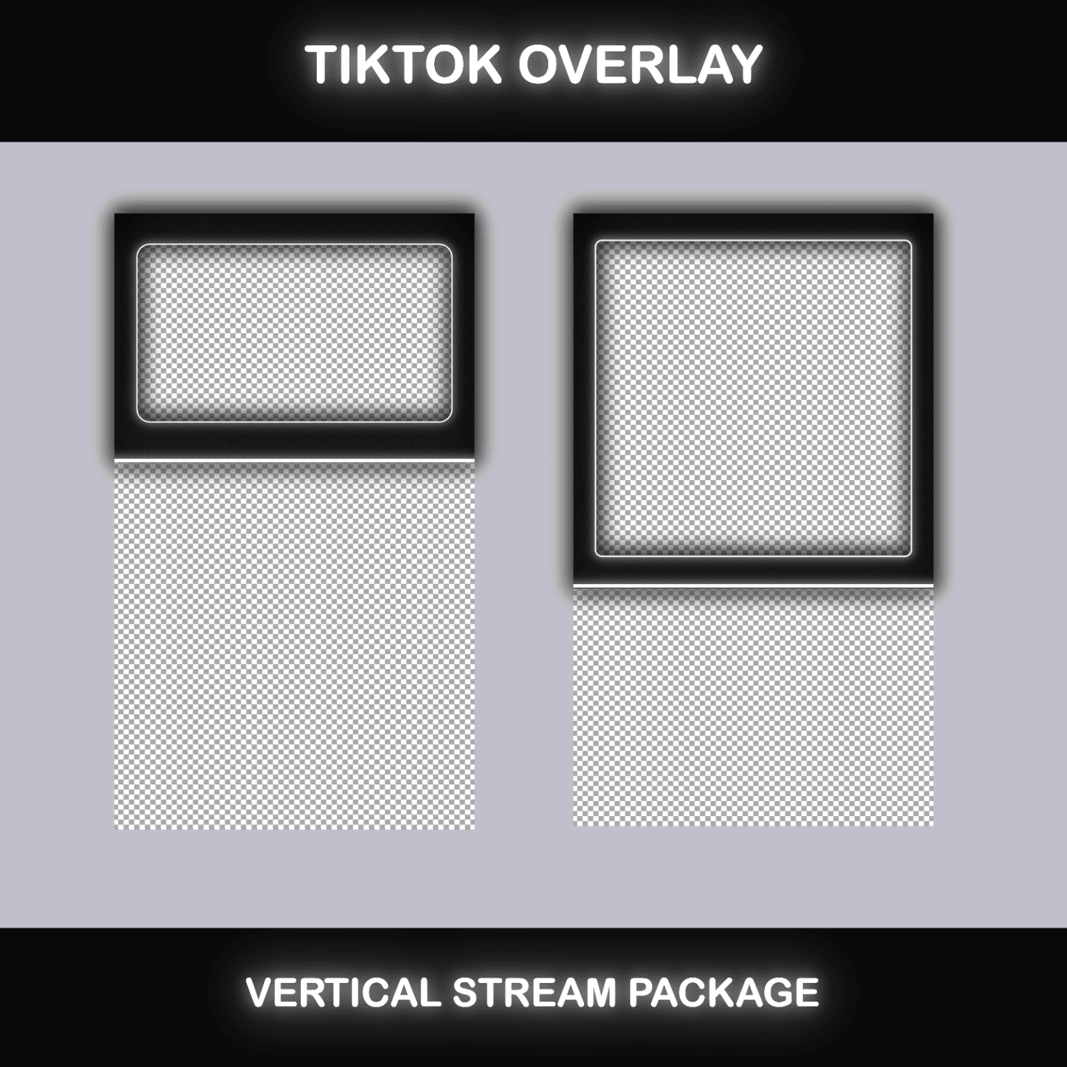 TikTok Live Overlay – Minimalist Grunge Black and White Pack 6 Sleek TikTok overlay for vertical streaming, featuring a grunge-style dark background and stylized, glowing text effects.