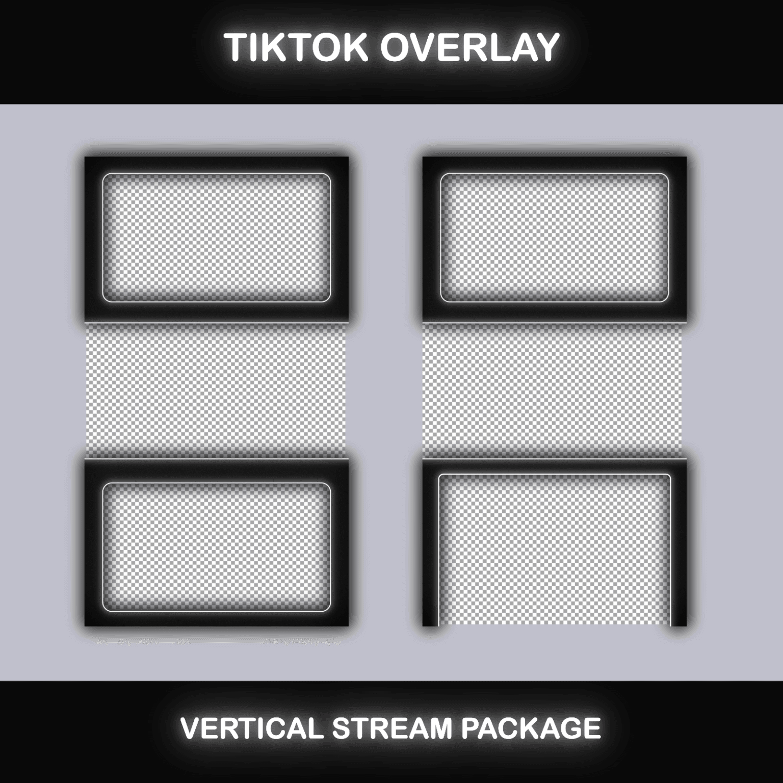 TikTok Live Overlay – Minimalist Grunge Black and White Pack 8 Three-panel TikTok stream overlay with a grunge-style design, featuring stylized motion and a choppy animation effect.