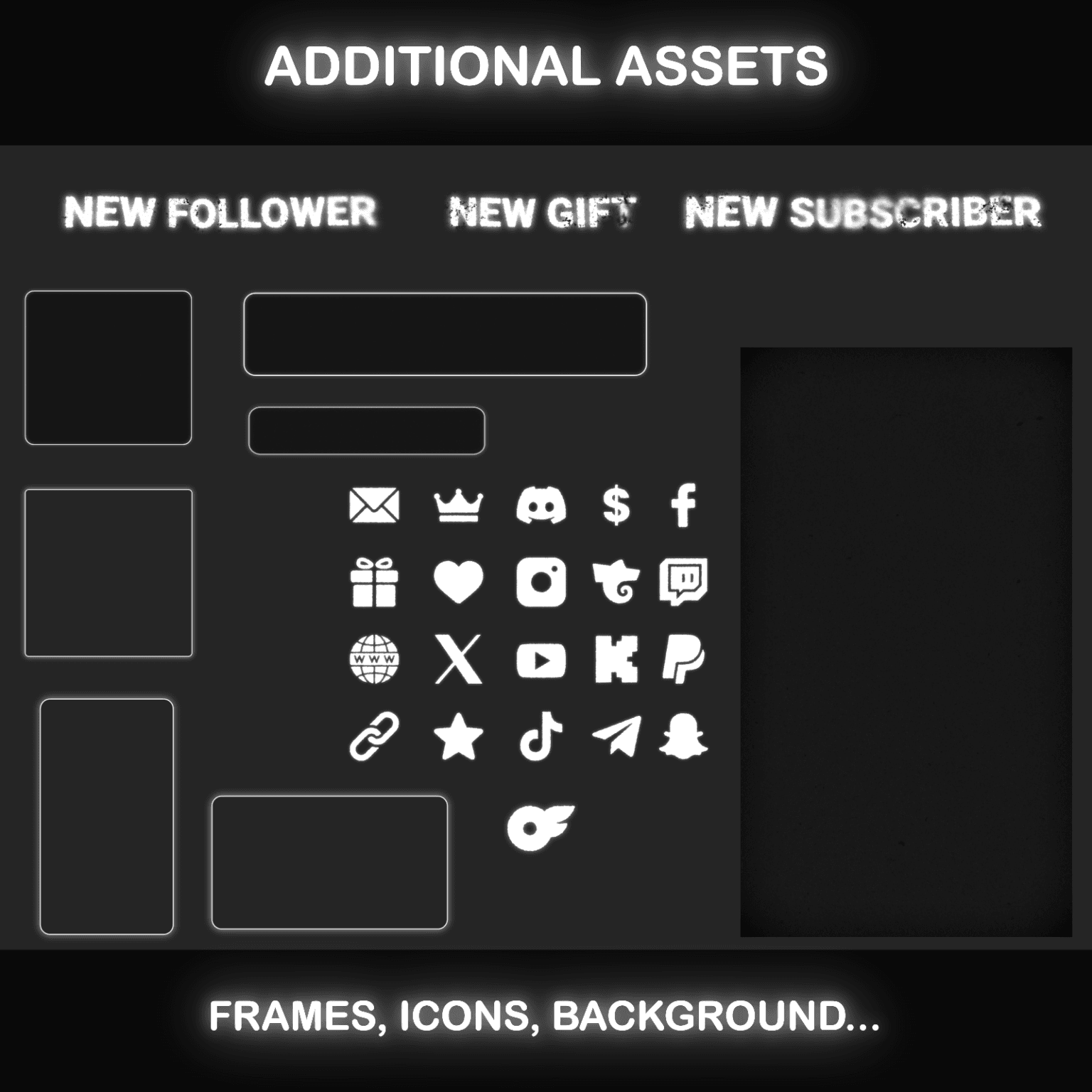 TikTok Live Overlay – Minimalist Grunge Black and White Pack 9 Additional TikTok streaming assets including frames, icons, and backgrounds, enhancing customization for dark-themed broadcasts.