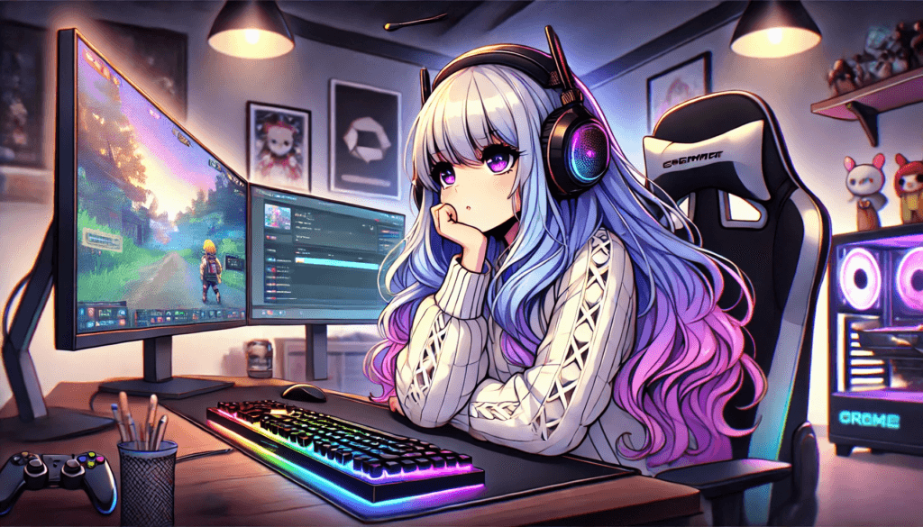 illustration of a female streamer deep in thought. She is sitting at her gaming setup, resting her chin