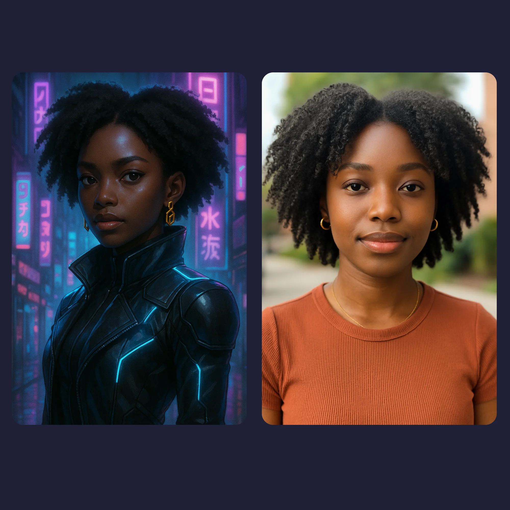 Transform Your Photo into Epic Cyberpunk Art - Custom Digital Portrait 3 Before-and-after of personalized cyberpunk portrait featuring glowing suit, neon lights, and urban sci-fi setting.