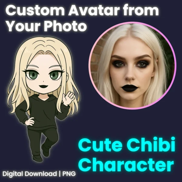 Chibi avatar next to real photo – blonde female, black outfit, anime style