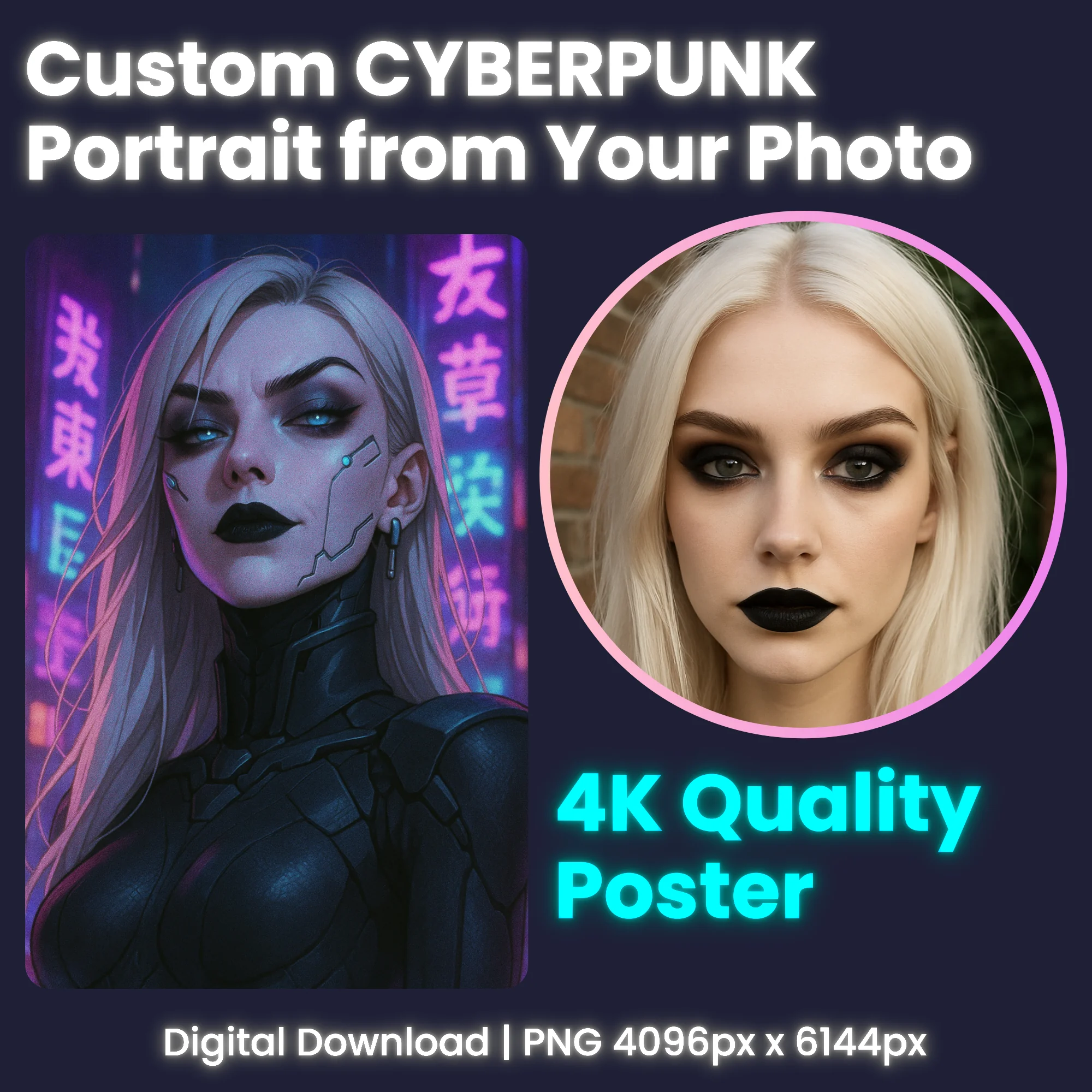 Transform Your Photo into Epic Cyberpunk Art - Custom Digital Portrait 1 Custom cyberpunk portrait poster showing transformation from real photo to futuristic artwork with neon and tech elements.
