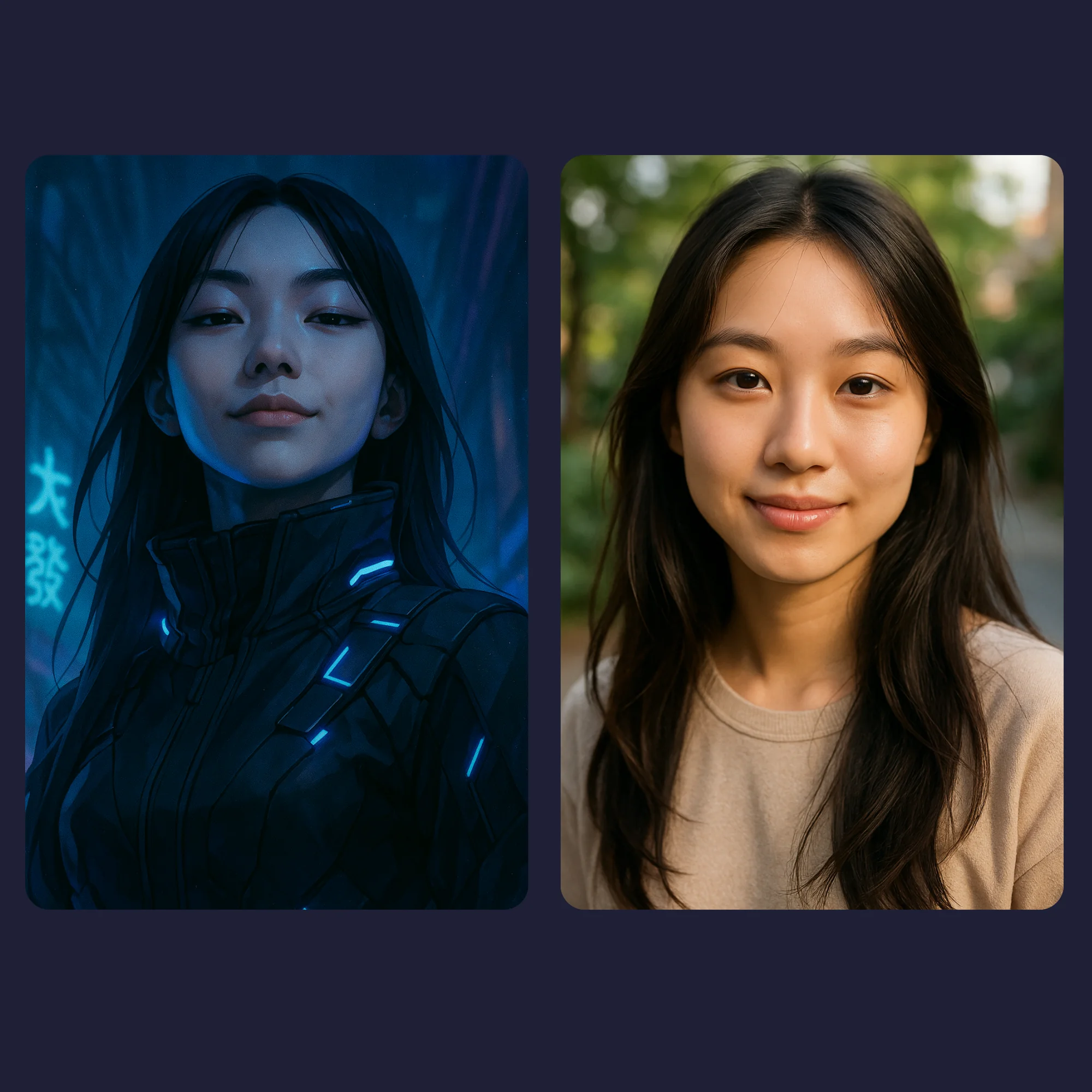 Transform Your Photo into Epic Cyberpunk Art - Custom Digital Portrait 9 Custom digital portrait comparison showing cyberpunk makeover with blue neon accents and futuristic atmosphere.