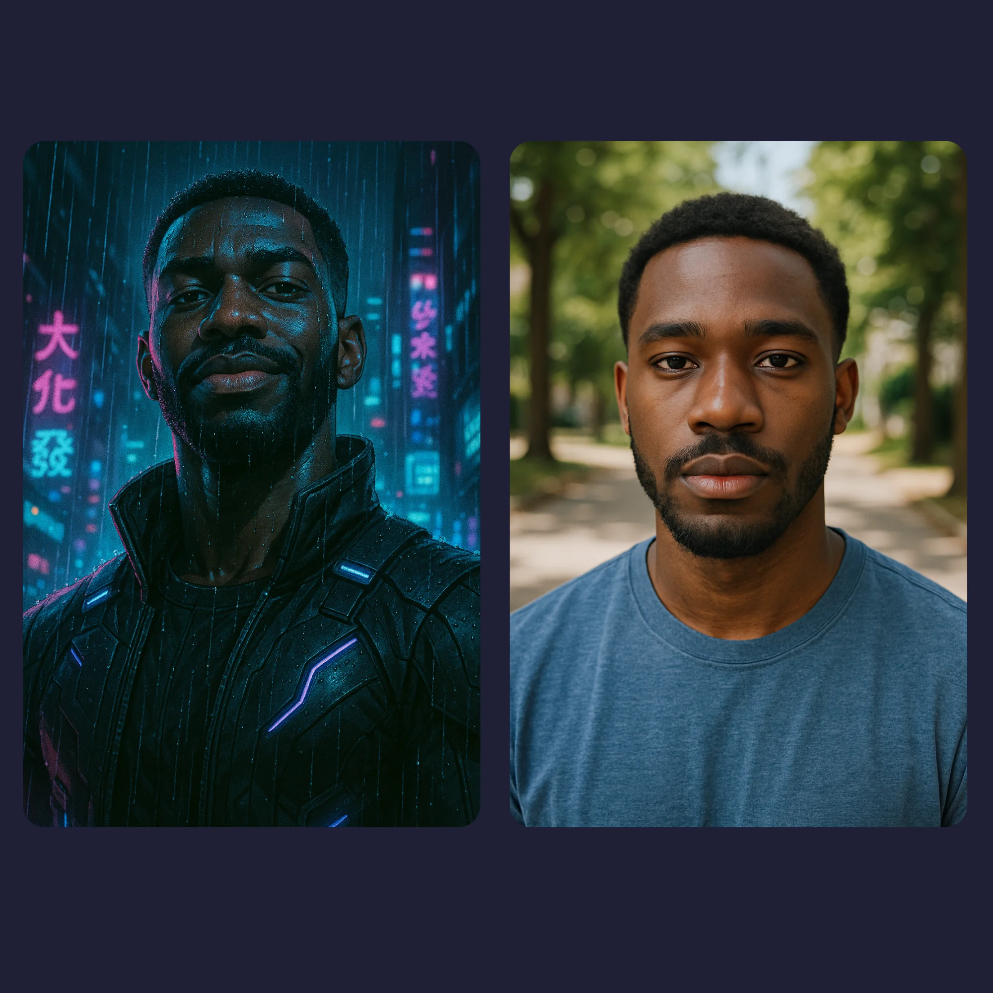 Transform Your Photo into Epic Cyberpunk Art - Custom Digital Portrait 8 Cyberpunk portrait of a man in a dark jacket with glowing accents, transformed from a natural daylight photo.