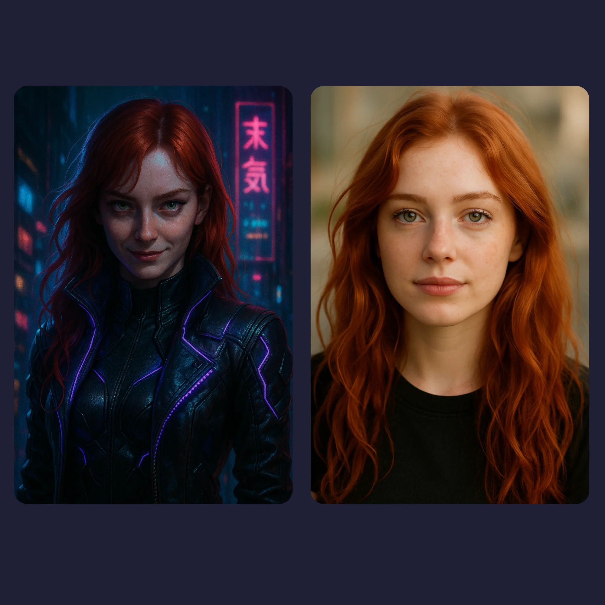 Transform Your Photo into Epic Cyberpunk Art - Custom Digital Portrait 7 Digital transformation into cyberpunk art with glowing purple jacket, neon-lit city background, and matching red hair.