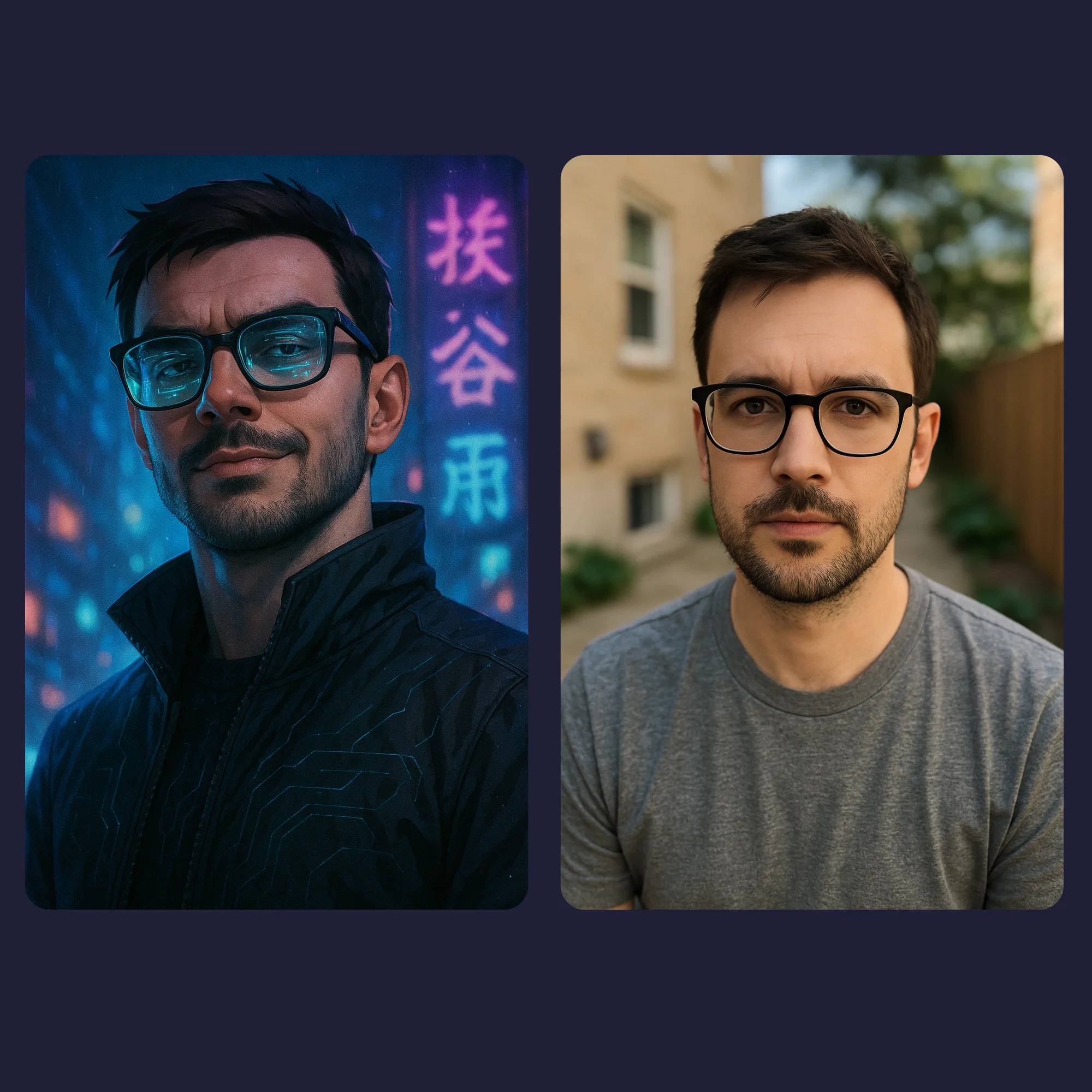 Transform Your Photo into Epic Cyberpunk Art - Custom Digital Portrait 6 Futuristic male cyberpunk portrait with glasses, neon city background, and comparison with real-life reference photo.