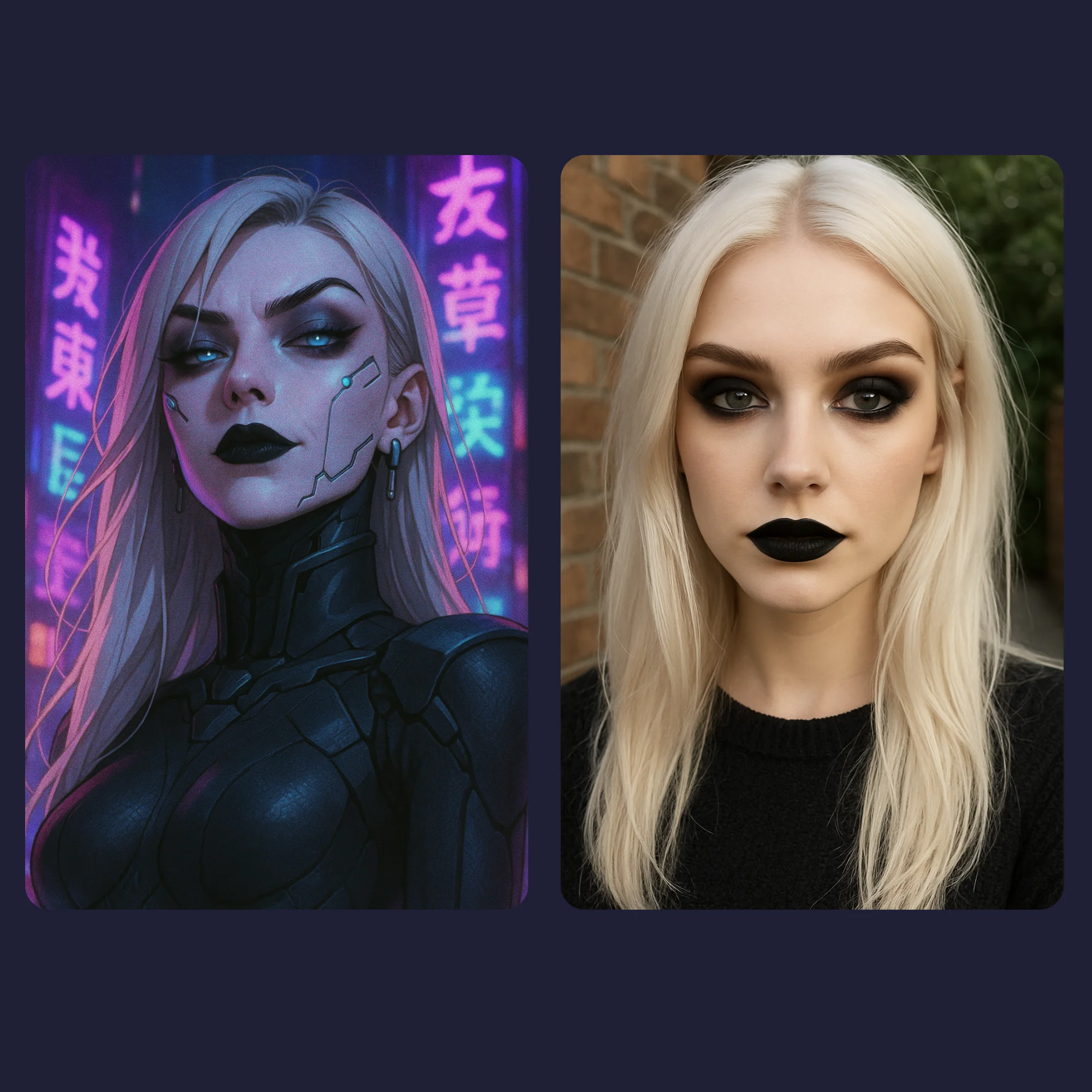 Transform Your Photo into Epic Cyberpunk Art - Custom Digital Portrait 5 Side-by-side comparison of original photo and transformed cyberpunk portrait with dark armor and neon city background.