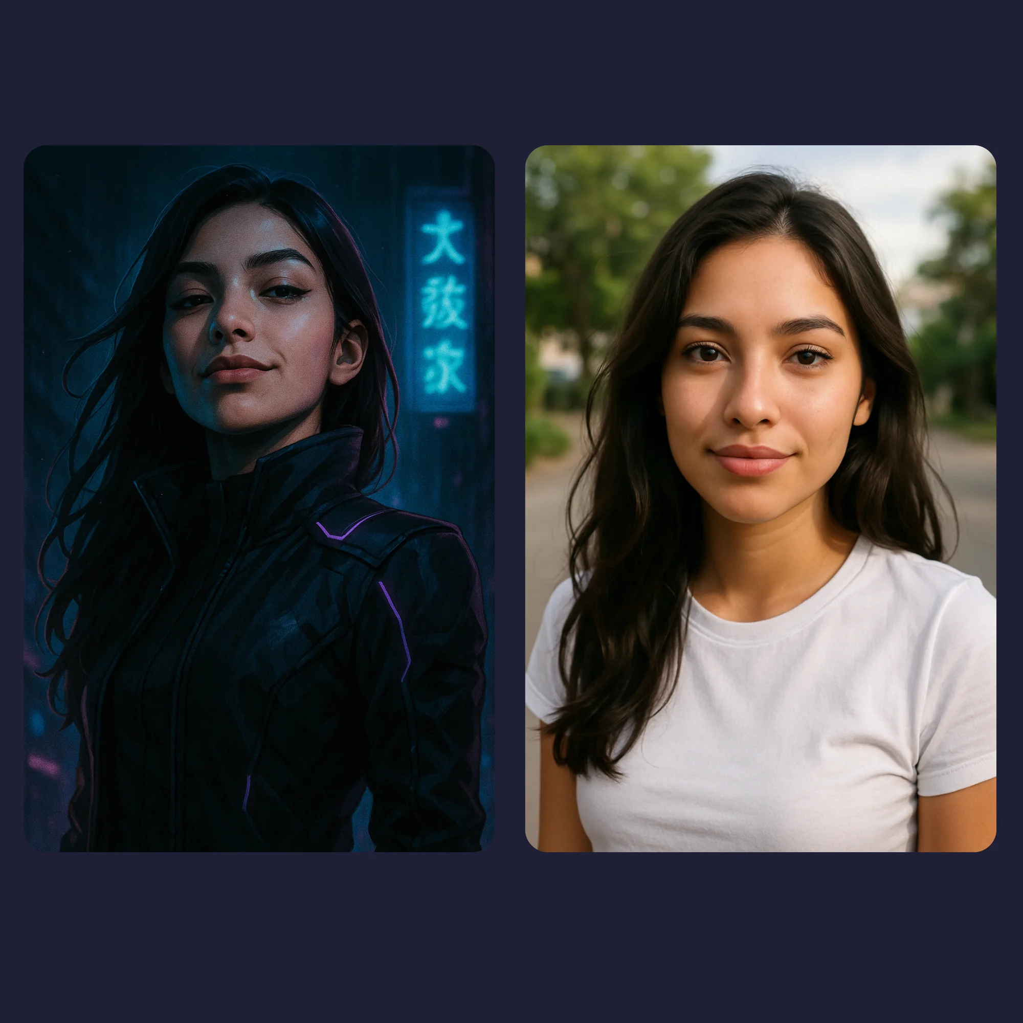 Transform Your Photo into Epic Cyberpunk Art - Custom Digital Portrait 4 Side-by-side image of custom cyberpunk portrait and original photo, featuring purple neon lights and tech-infused outfit.