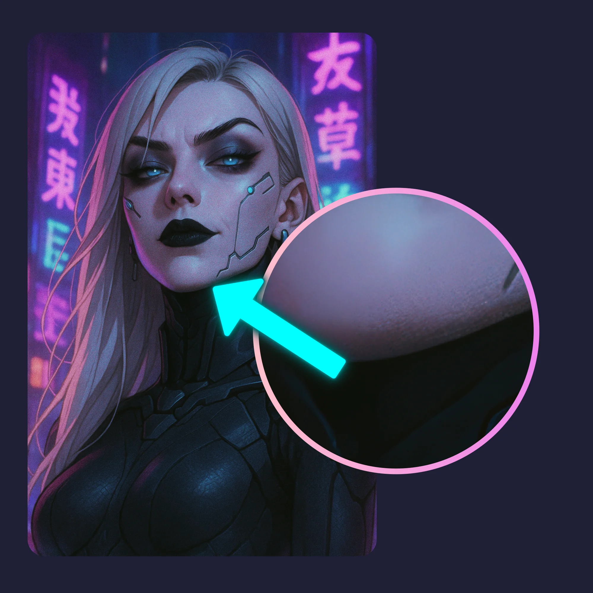 Transform Your Photo into Epic Cyberpunk Art - Custom Digital Portrait 2 Zoomed-in preview of high-resolution cyberpunk portrait details, highlighting textures and glowing tech implants.