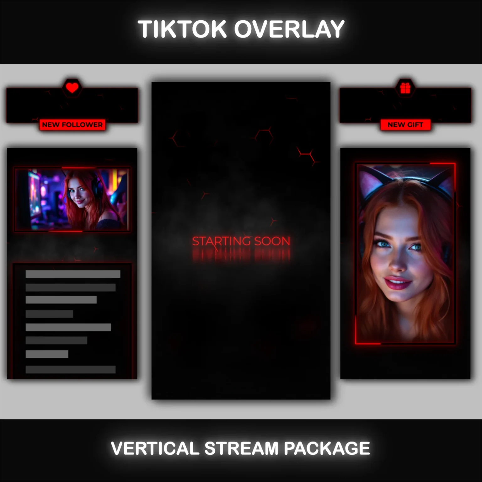 Animated TikTok overlay preview with vertical layout, red and black design, starting soon screen and follower alert