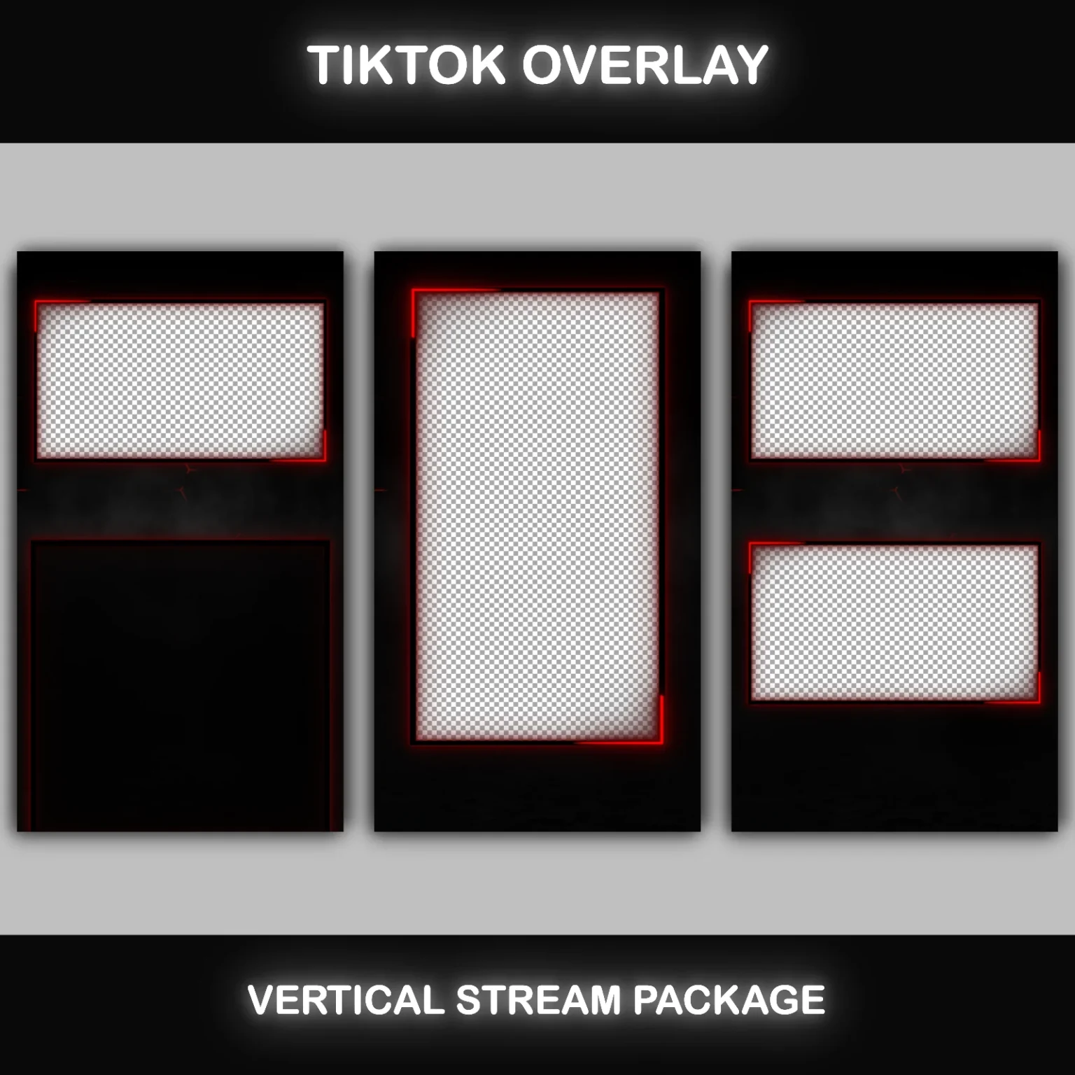 Vertical TikTok overlay pack with transparent frames – red glowing borders for camera and content