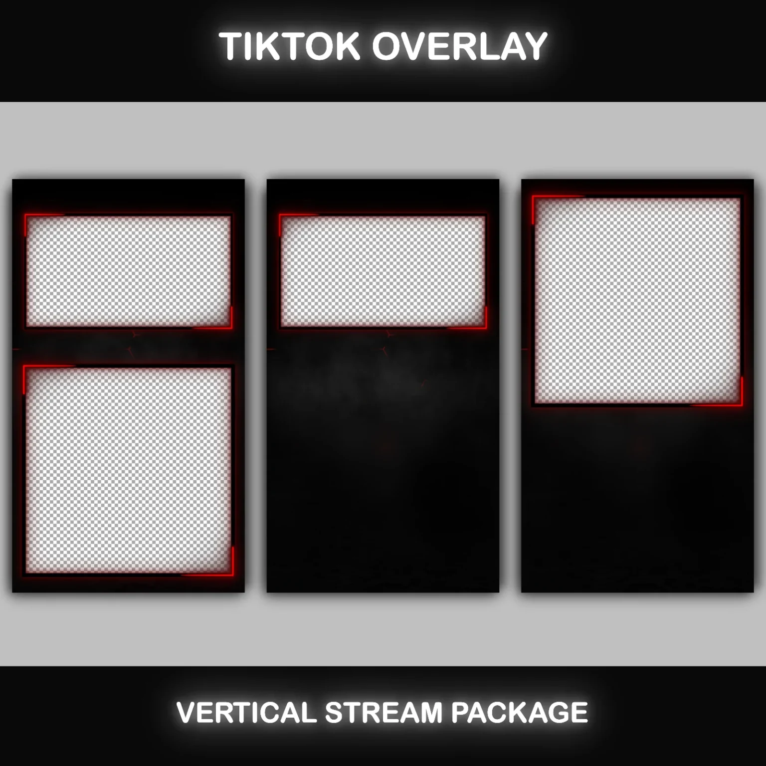 TikTok streaming overlay templates – black and red vertical layouts with double camera frames