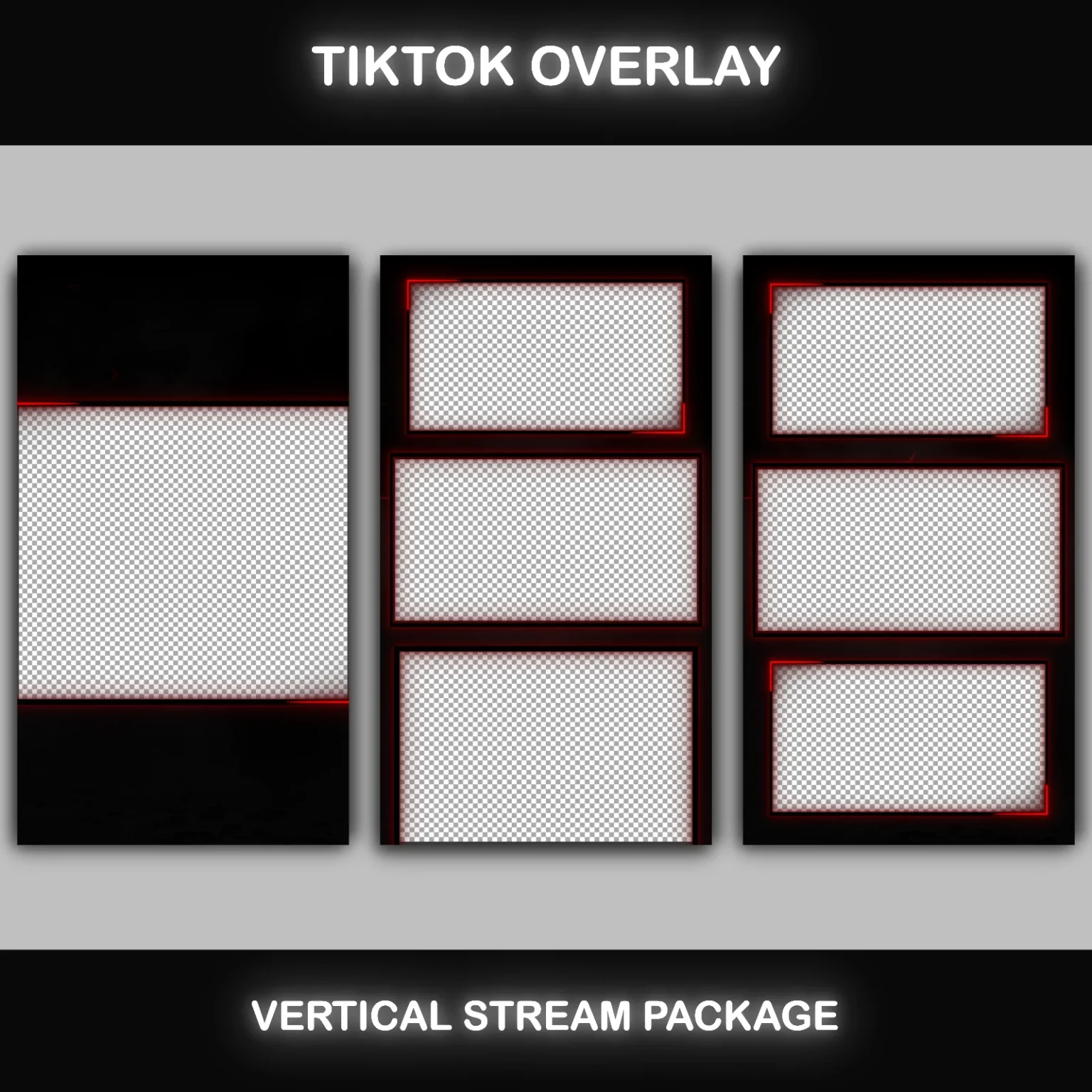 Vertical TikTok overlay with triple panel layout – red edge frames on dark background