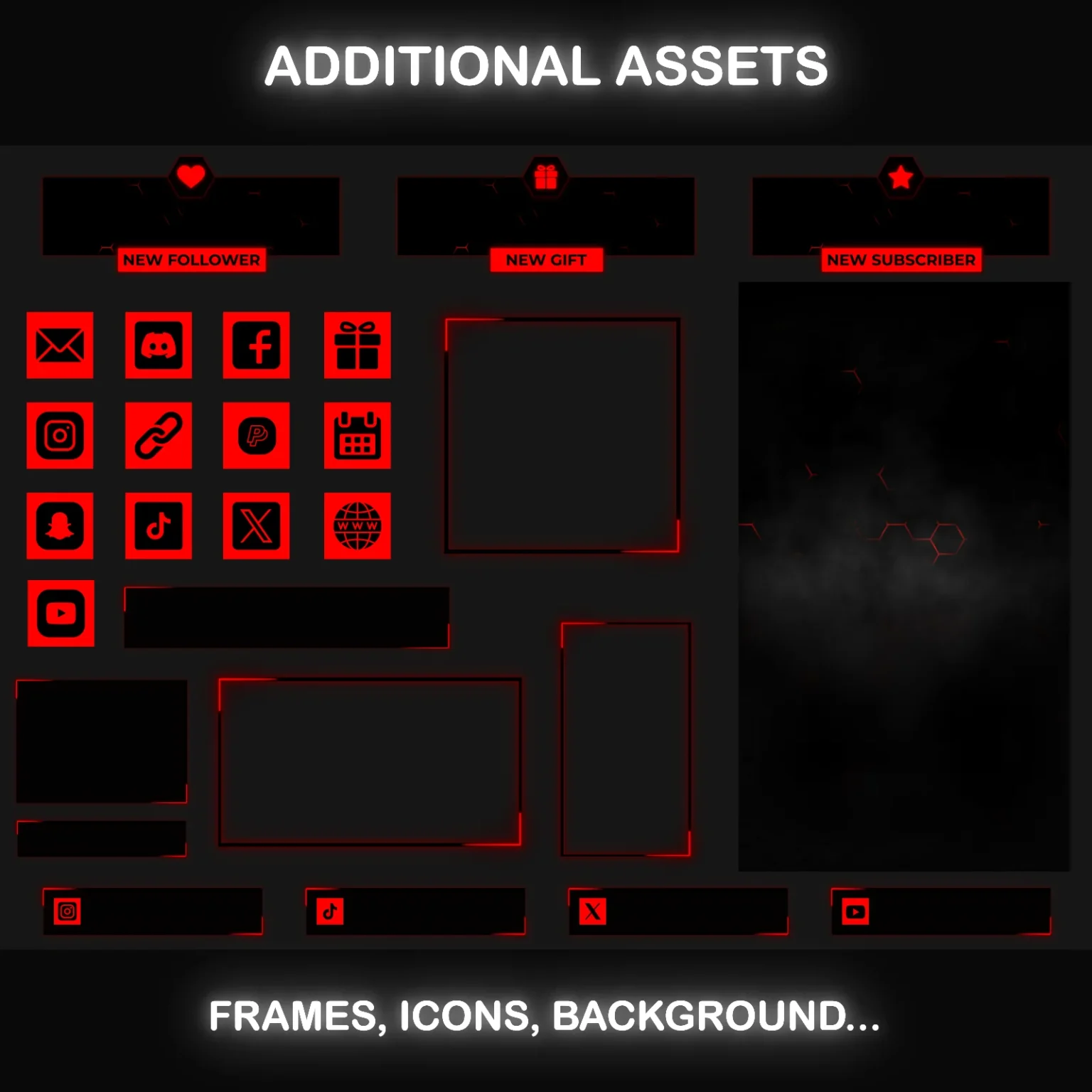 TikTok stream overlay extras – alert labels, icons, frames and background assets in red and black