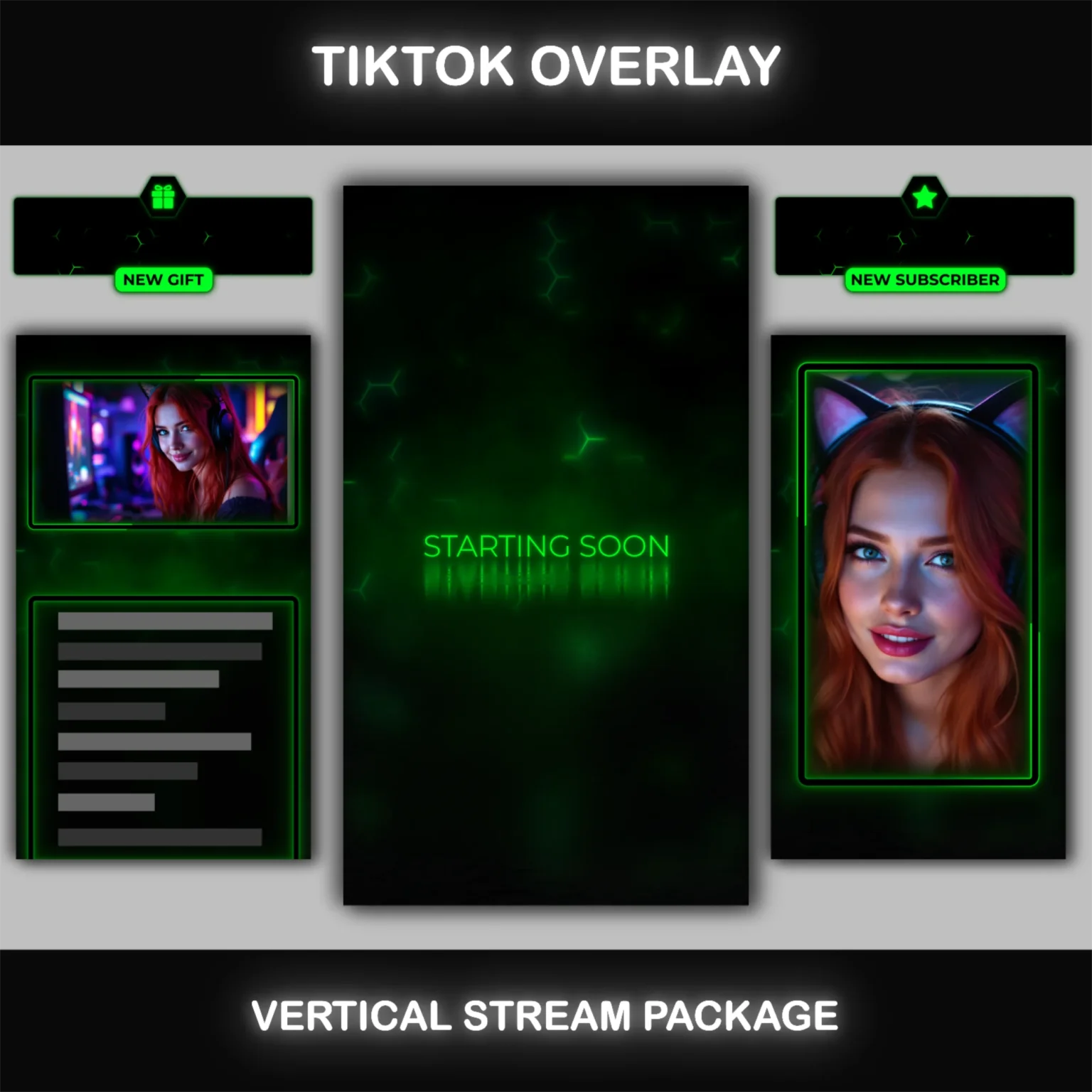 TikTok Live Overlay Pack - Animated Black and Green Neon 1 TikTok Live Overlay Animated Vertical Pack, Black and Green Dark Theme Stream Overlays, Vertical Stream Layout Template