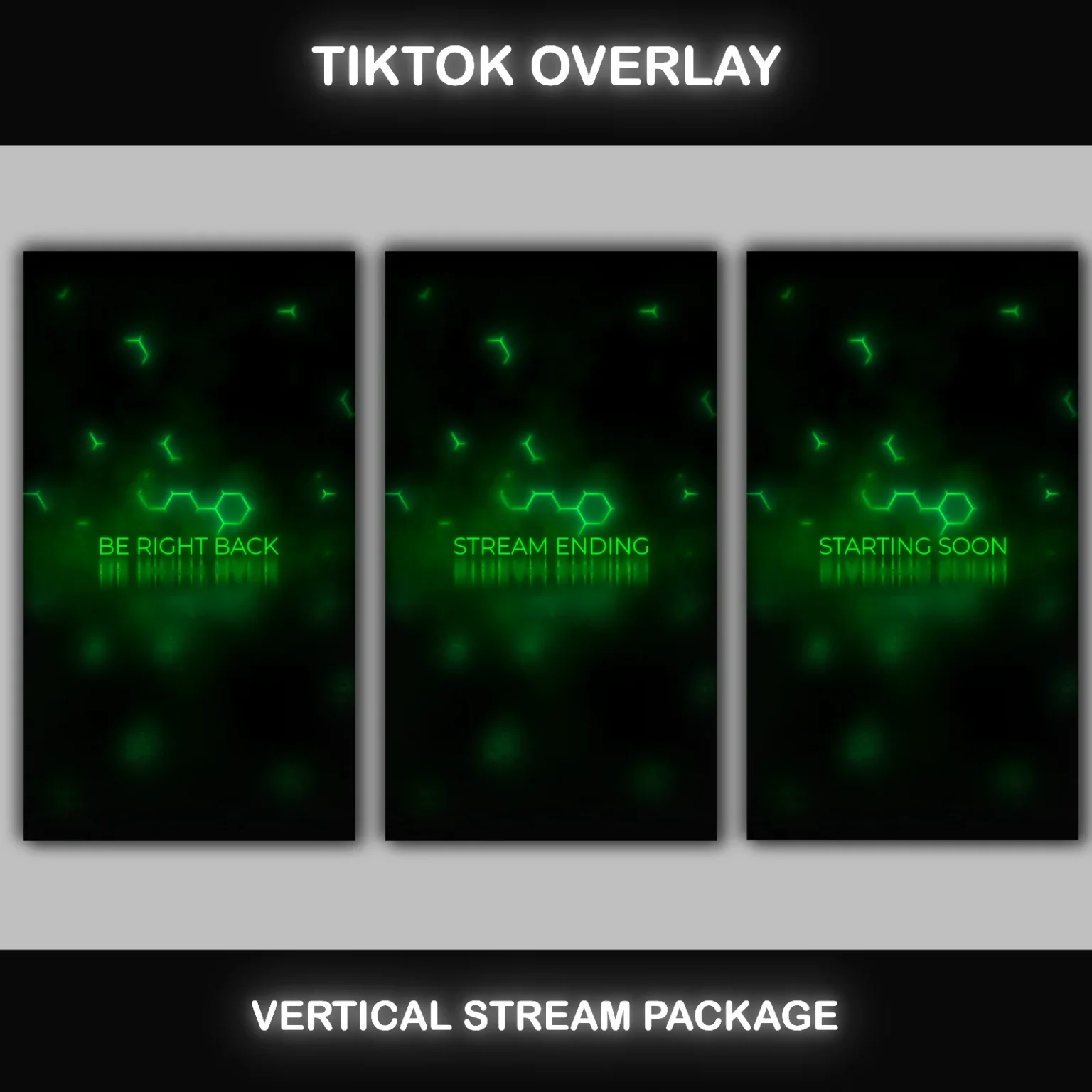 TikTok Live Overlay Pack - Animated Black and Green Neon 2 TikTok Live Overlay Animated Vertical Pack, Black and Green Dark Theme Stream Overlays, Vertical Stream Layout Template
