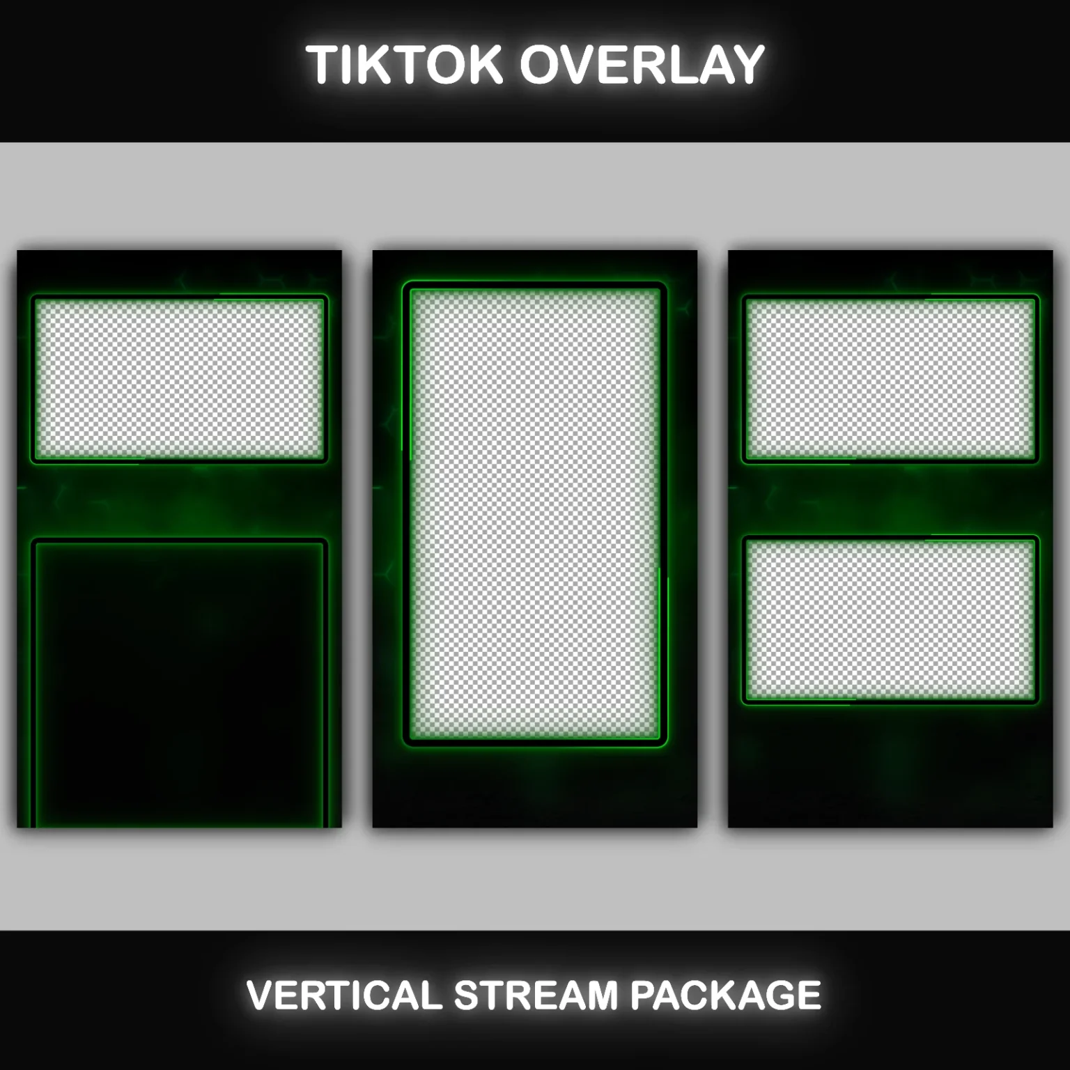 TikTok Live Overlay Pack - Animated Black and Green Neon 3 TikTok Live Overlay Animated Vertical Pack, Black and Green Dark Theme Stream Overlays, Vertical Stream Layout Template