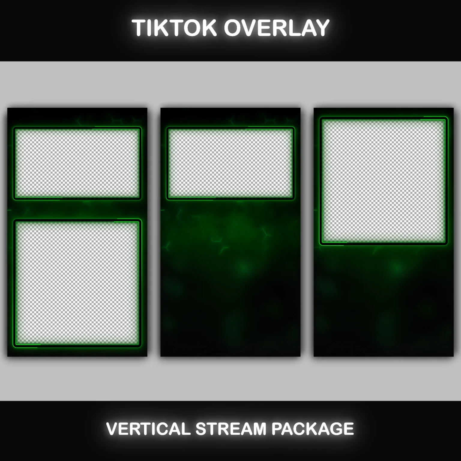 TikTok Live Overlay Pack - Animated Black and Green Neon 4 TikTok Live Overlay Animated Vertical Pack, Black and Green Dark Theme Stream Overlays, Vertical Stream Layout Template