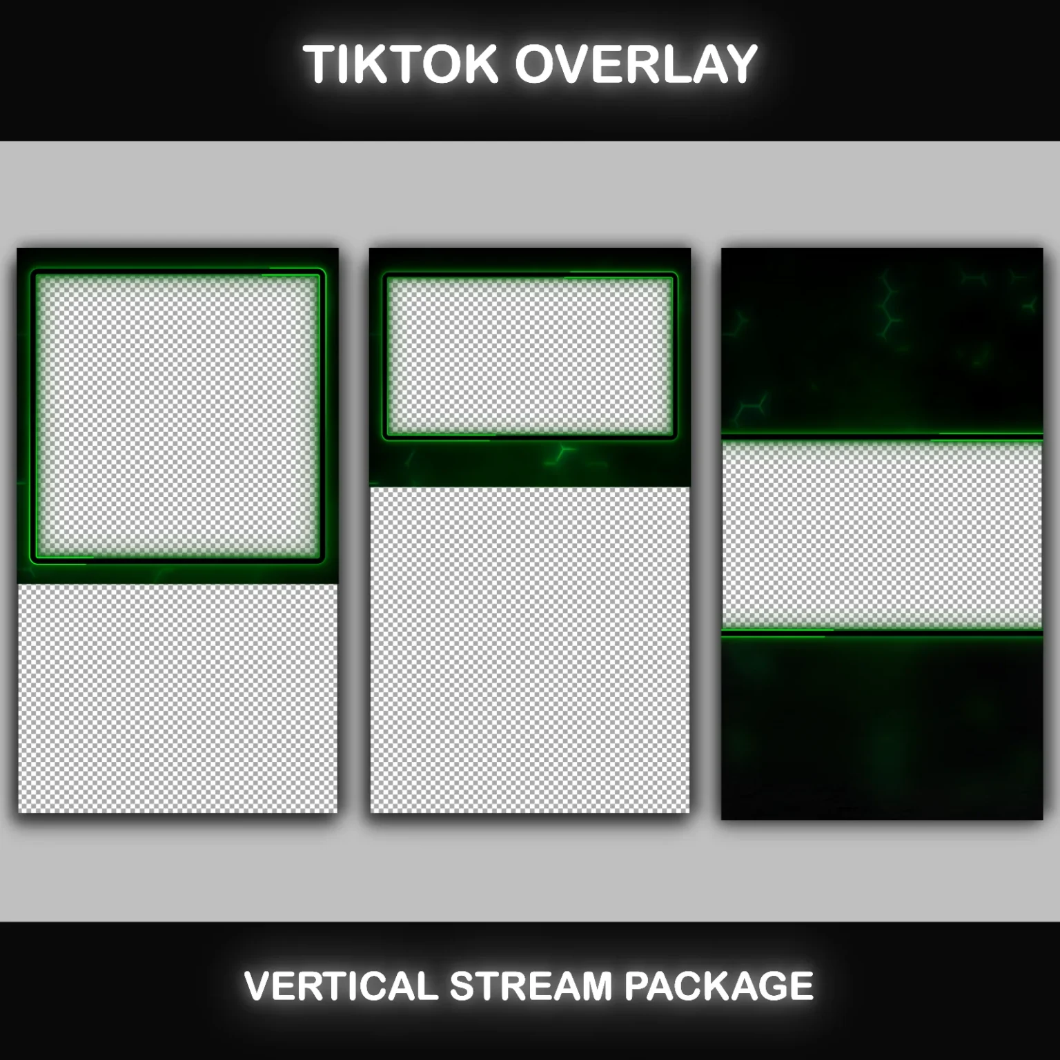 TikTok Live Overlay Pack - Animated Black and Green Neon 5 TikTok Live Overlay Animated Vertical Pack, Black and Green Dark Theme Stream Overlays, Vertical Stream Layout Template